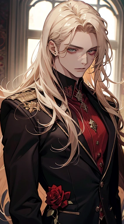 1 man,golden blond hair,dark skin,golden eyes,wearing a black military uniform,cape,day time,garden background
