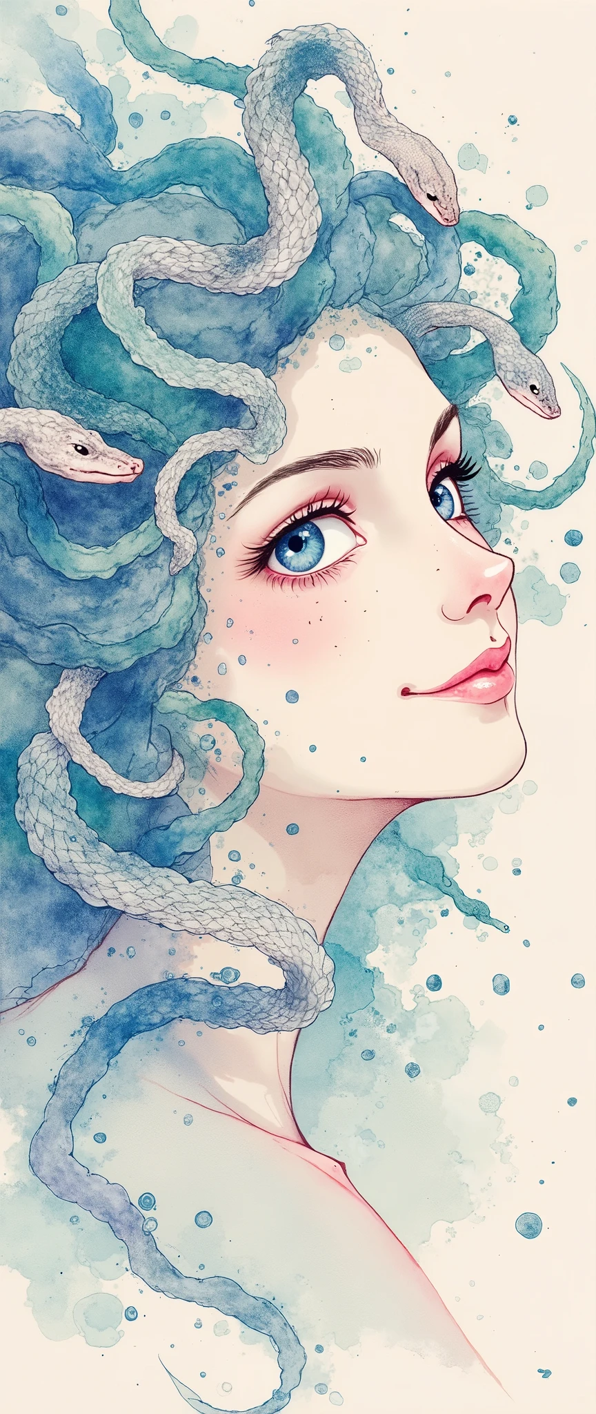 ( Masterpiece:1.2,  exceptional quality  ,Milonish, movie experience ,  BEST ILLUSTRATION :2.0, very detailed.2.0),8k,16k,wallpaper,Medusa,Beautiful gradients created with acrylic watercolor  ,( layering),(Tarashikomi technique),smile,Hair is made up of snakes