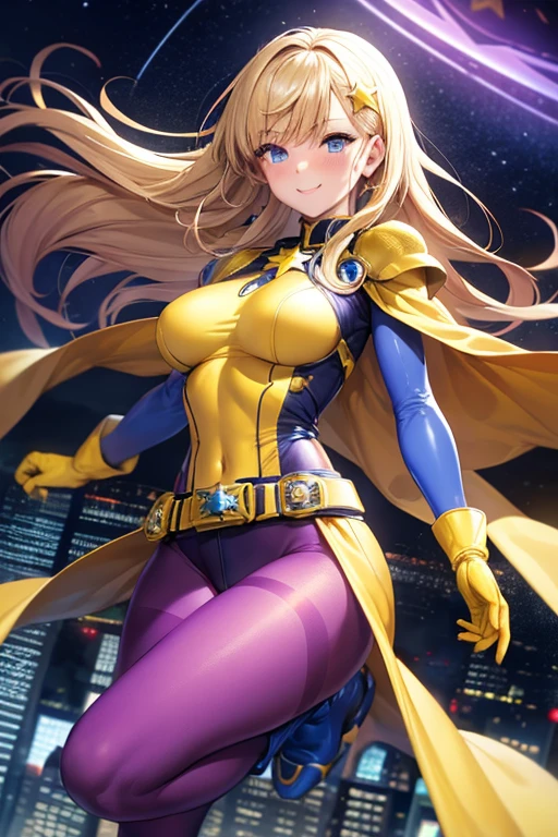 anime girl in a yellow cape and black outfit standing on a ledge, style artgerm, cushart krenz key art feminine, krenz cushart and artgerm, in the style artgerm, android heroine, style of artgerm, extremely detailed artgerm, artgerm style, ig model | artgerm, ((best quality)), ((masterpiece)), (detailed), 1 girl, Full body, 19 years old, White skin, Smiling face, Blue eyes, Star shaped tiara, Arms outstretched, Arms behind waist, Masked face, Eye mask, Superhero mask, blue mask, Blushing, Blonde hair, Straight hair, Long hair, Bangs, 2 star clips on the sides of hair, Full body, Medium breasts, Slim body, Hands with yellow stars on them, Wrist bands, Long yellow gloves, Purple gloves, Superhero costume, Superheroes, Full body entirely yellow suit, With a big yellow star in the center, Star emblem, Somewhat tight, Long yellow cape on waist, Red belt, Thighs with tights purple, purple boots, flying, city background, anime