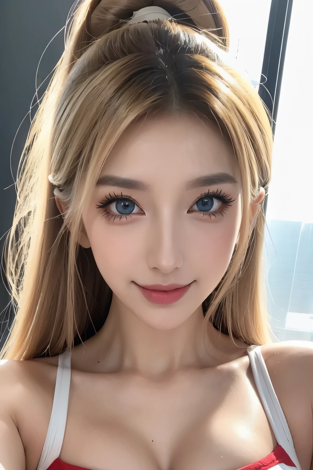 Masterpiece, top quality, ultra highres,8k,16k, Delicate photos , Sharp Lines, sharp concentration, ( perfect anatomy:1.5), RAW Photo , resolution, is present , Super Detail, sharp concentration, RAW Photo ,white,Cang,black,Super high resolution,break,
dynamic angle,
Energetic girl,1 girl,
mature face , Very sexy girl, girl,woman, perfect face, a beautiful 25yo woman,
blond hair,silky hair,( Tan Skin:1.2),
Sapphire Eyes, eyelashes, mascara, Eyelash extensions, , glamorous, skindentation,
Beautiful skin, sweat, steam,
bright bright face , naughty face on wet vagina, bewitching smile, staring at viewers ,
break,
large breasts,huge breasts,beautiful detail,Beautiful woman,
BREAK,
ponytail,ribbon, big breasts,
cheerleader uniform,colorful cheerleading outfit,holding large pom-poms in both hands,with many frills,topknot,
bokeh, portrait,
break,
cowboy shot,(dynamic pose:1.3),smile,Cheerleading dance, dance, revolution, jumping ,Dancing with one leg raised, stadium ground ,