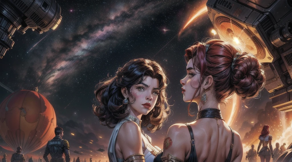 2 two Nude girl, sexy , full body , 3 fingers , Ginger dark skin, oiled body, blessing body, round shaped small breasts, 8k ultra quality, Starfall, alien attack Alien on mars