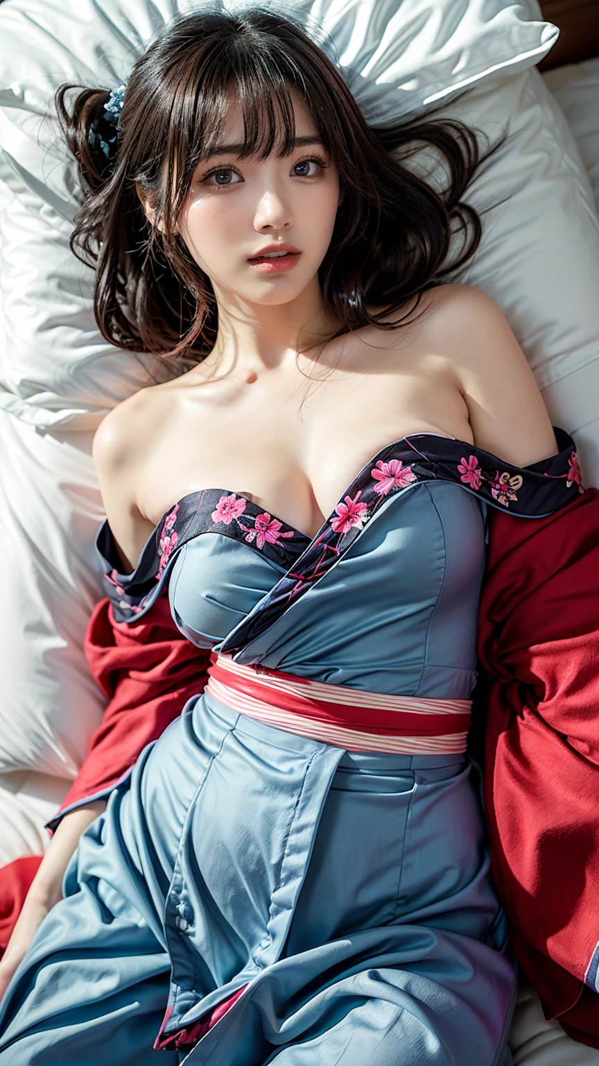 Top quality, Photorealistic, 8k, High resolution, 1 girl, female, (medium breasts: 1.8), inn, yukata, no panties, ((Japan, no yukata, no bra)), bronze hair, slightly shorter hairstyle, slouched, (lying on your back on a futon)), (open legs:1.5)、
