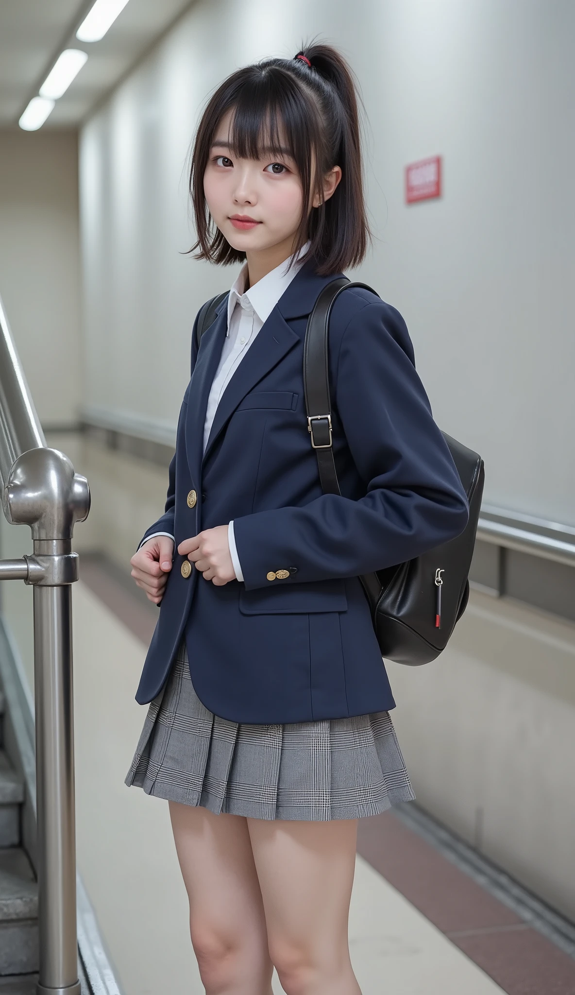 portrait photography,masterpiece, nsfw,8k,16k
( Japanese Girl, 157 Height cm,pale skin),
( 1 girl,Japanese standard petite immature fleshy body , head-body-ratio 1:6), Narrow shoulder width, big breasts, (sensual glamorous lower body:1.3), Wide pelvis, big butt, thick short legs, (fat thick ankels, rich fat short calves,short thighs:1.3), ((from side, shot from below,low angle))
black hair,Shiny straight short ponytail hair With bangs,
(, Round face, Droopy eyes,hazel color eyes ),
Wearing navy japanese school short tight uniform jacket suit with medium-length grey checked skirt,white collared shirt,navy color short socks, loafers, backpack on shoulder,
standing random sensual pose in station stairway,Focusing on calves,
85mm, Official AR RAW photos ,(Realistic,Ultra Details), best quality,Chromatic aberration,
Anatomically correct, textured skin,top of head