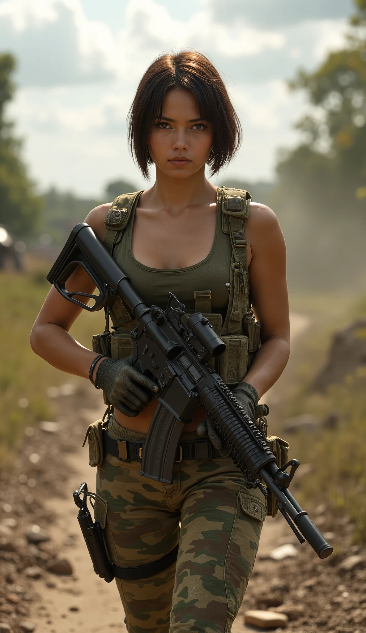 "A strikingly beautiful, sexy, big boobs 20-year-old Myanmar mercenary with a sharp pixie bob hairstyle walks forward with unwavering confidence, gripping a well-worn tactical rifle in her hands. Her expression is calm yet intense, her sharp eyes scanning the surroundings with the precision of a seasoned warrior. She wears a rugged yet functional camouflage mercenary outfit, perfectly tailored for mobility and protection. The outfit consists of a lightweight, reinforced combat vest with multiple utility pouches, tactical gloves for a secure grip, and sturdy combat boots built for endurance in harsh terrains.

Her uniform is marked with subtle hints of Myanmar's military heritage, with insignias and patches blending into the camouflage fabric. A utility belt equipped with additional ammunition and survival gear rests snugly on her waist, complementing her well-prepared appearance. Strapped to her thigh is a compact sidearm, an extra layer of security for any close encounters. The rifle she carries is sleek yet battle-worn, a symbol of her experience in the field.

The setting hints at a war-torn battlefield or a remote jungle terrain, with dust and smoke lingering in the air, adding to the intensity of the scene. Sunlight filters through scattered clouds, casting a dramatic glow on her determined face, accentuating her strong physique and battle-ready stance. The 3/4 body portrait captures her mid-stride, exuding both elegance and strength as she moves forward with unwavering resolve, a warrior in her element."



