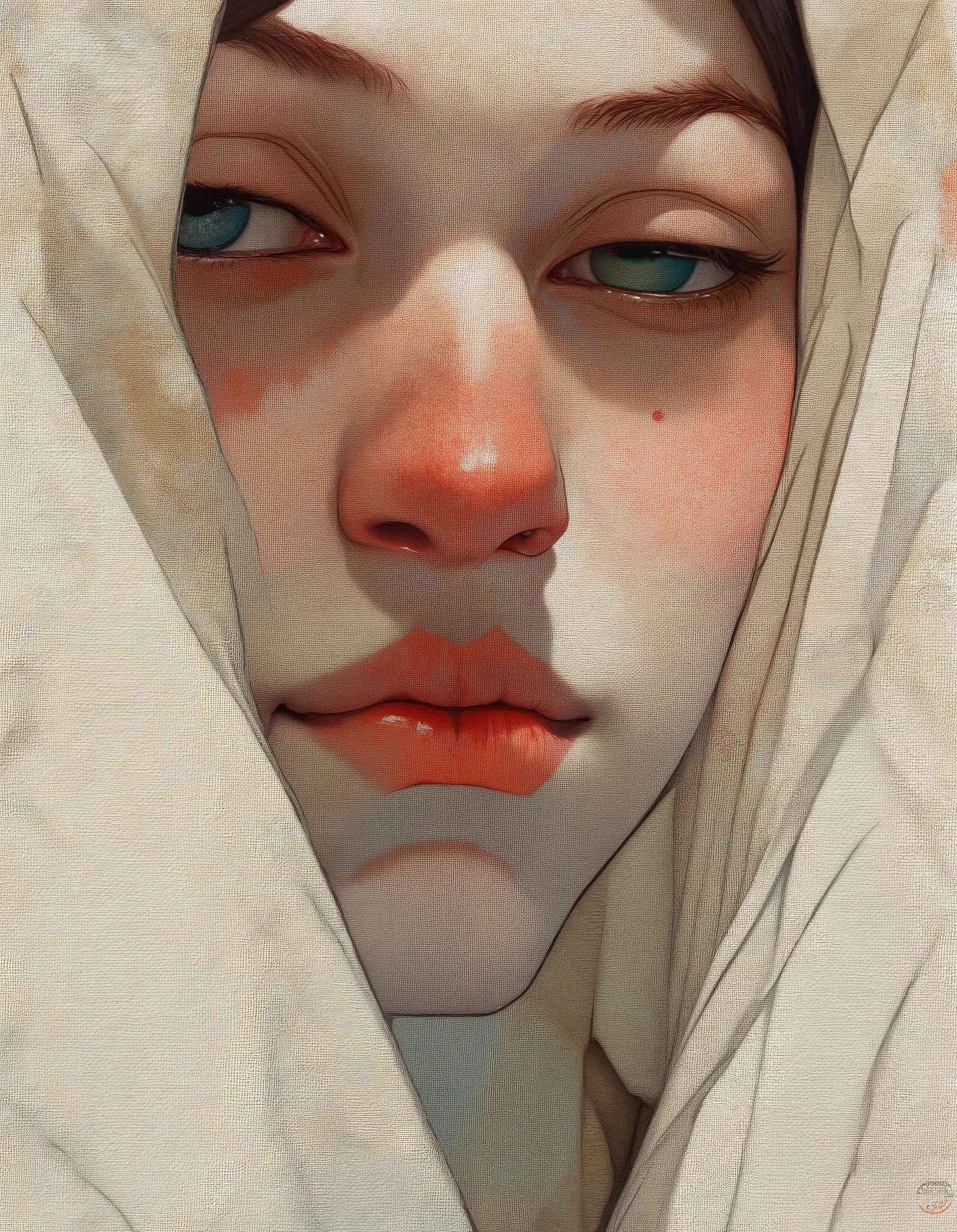 Steve McDonald Art. This image is a highly detailed digital painting featuring of a young woman, full body. The style is realistic yet hyper-realistic, with a focus on texture and lighting. The subject has light skin with a slight blush on her cheeks, and her complexion is smooth with a few freckles. Her eyes are a striking blue-green color. Her lips are full and slightly parted, with a natural pink hue. The texture of the fabric is visible, with subtle folds and creases, and it contrasts with the smoothness of her skin. The background is minimalistic, focusing entirely on the subject, and it appears to be a neutral, beige-colored canvas, which enhances the realism and depth of the image. The lighting is soft and natural, with a slight highlight on her cheekbones and nose, giving a three-dimensional effect. The overall mood of the painting is somber and introspective, capturing a moment of quiet reflection.