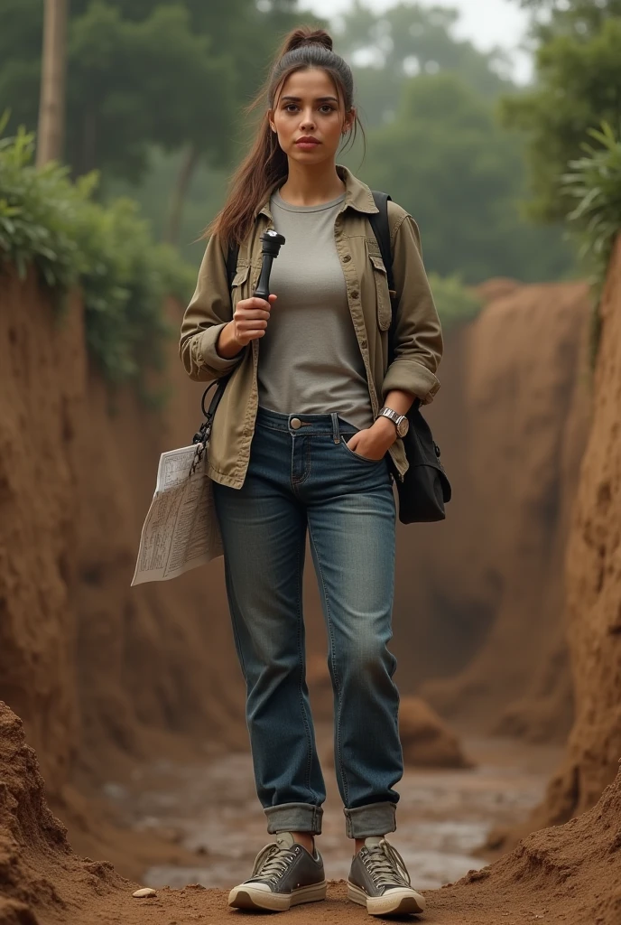 "A full-body realistic portrait of Laura Martínez, a pragmatic and skeptical assistant in her early 30s. She has an open and approachable face with expressive brown eyes, pulled-back hair in a practical ponytail, and a curious yet cautious demeanor. She wears a fitted t-shirt, light jacket, jeans, and comfortable sneakers. Standing near an excavation site, holding a map and flashlight, with a mix of curiosity and concern on her face. Cinematic lighting, natural environment, photorealistic details, soft shadows."