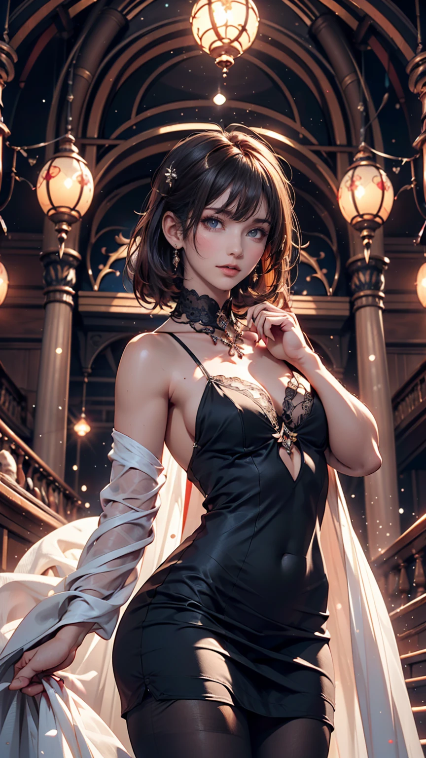 In the luxurious ballroom、A woman in an elegant dress is dancing gracefully。The crystal chandeliers sparkle、The light reflects off her dress, creating a beautiful glow.