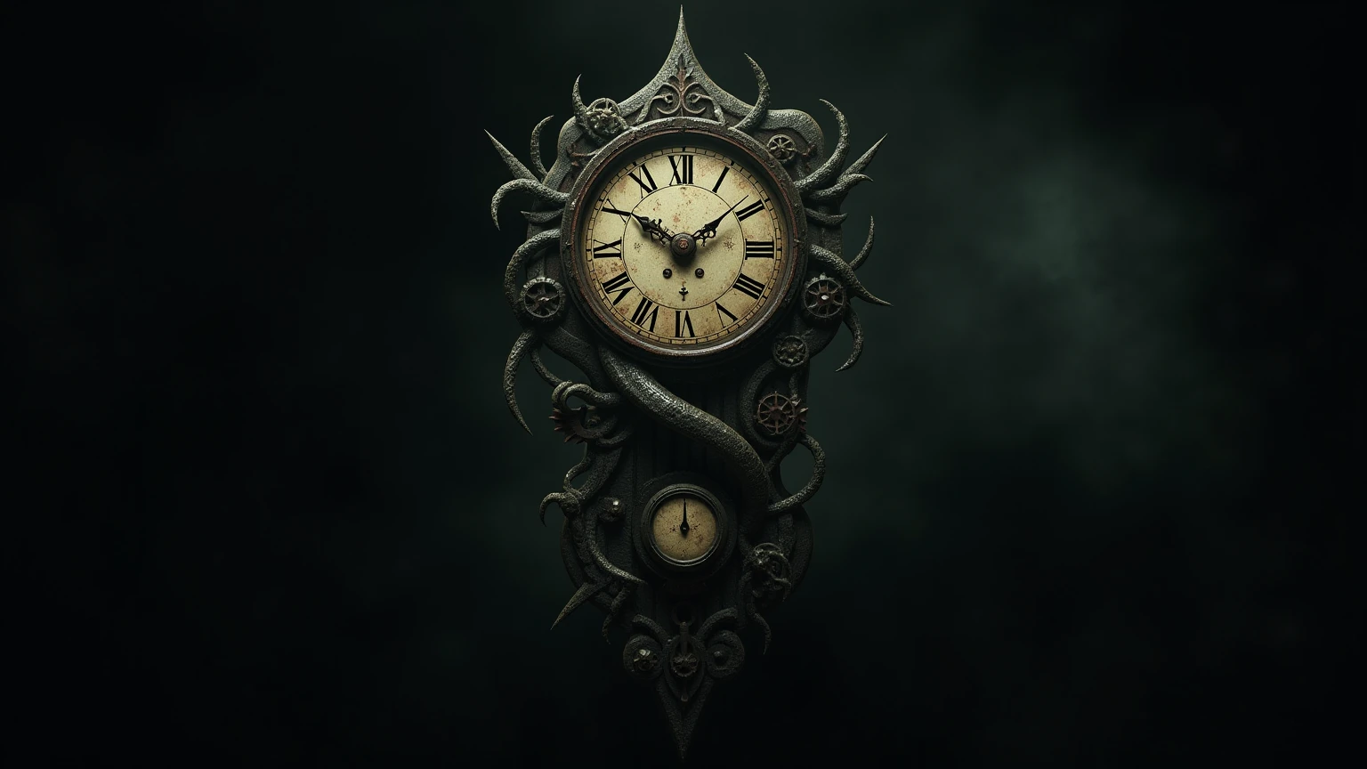 unfinished, hatching (texture),giant pendulum clock supported by demon sculptures, Pendulum made of skulls, Highlight thin strokes, dark rich color palette, Black, Red, white, blue,green phosphorescent fire, hellish landscape, detailed demon figures, ornate clock face, dark and ominous ambiance, (sinister, foreboding atmosphere:1.1), high-quality 3D rendering, (best quality, masterpiece:1.2), ultra-detailed, (realistic, photo-realistic:1.37), intricate stonework, Gothpunk style, death-themed art, surreal fantasy art, photorealistic, Surrealism, high detail, 8k, highres, UHD, masterpiece, best quality