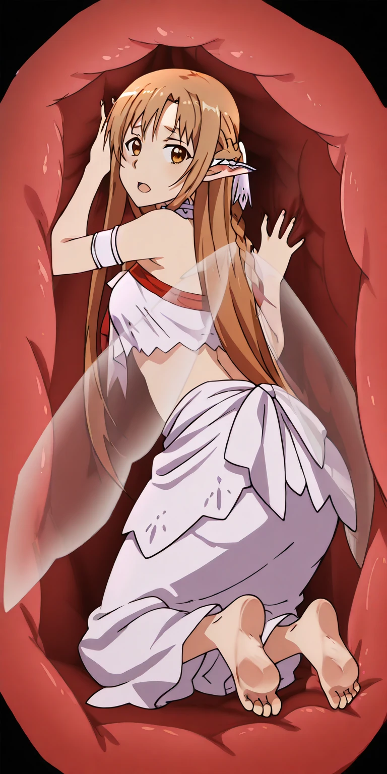 1girl, aaichika, tiara, bridal veil, necklace, cleavage, wedding dress, strapless dress, white dress, white gloves, elbow gloves, from below, skirt lift, white panties and sexy stockings, bare legs,, masterpiece, best quality, highly detailed, Long straight red hair, beautiful red eyes