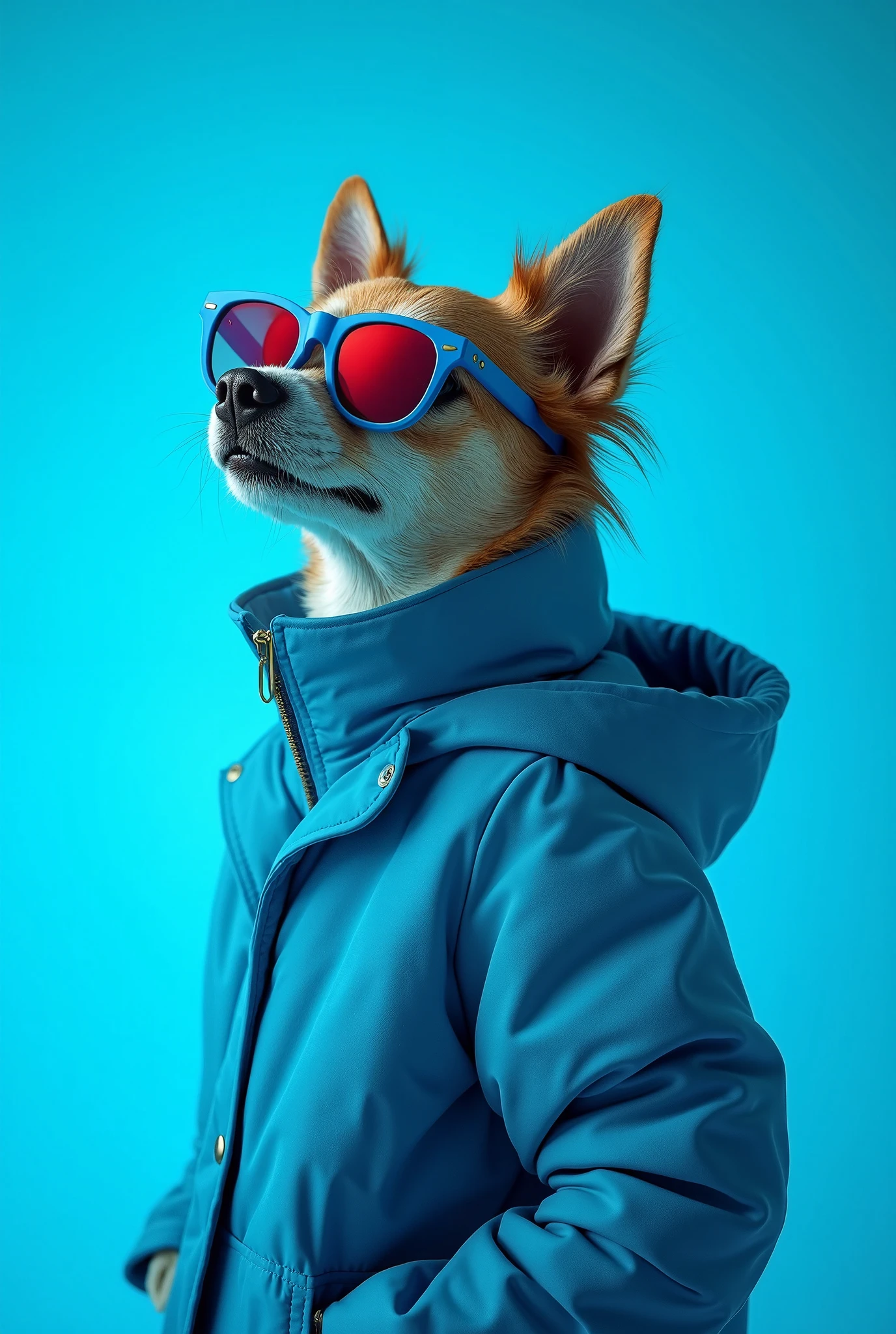 Arafed dog wearing sunglasses and a blue jacket with a hood - SeaArt AI