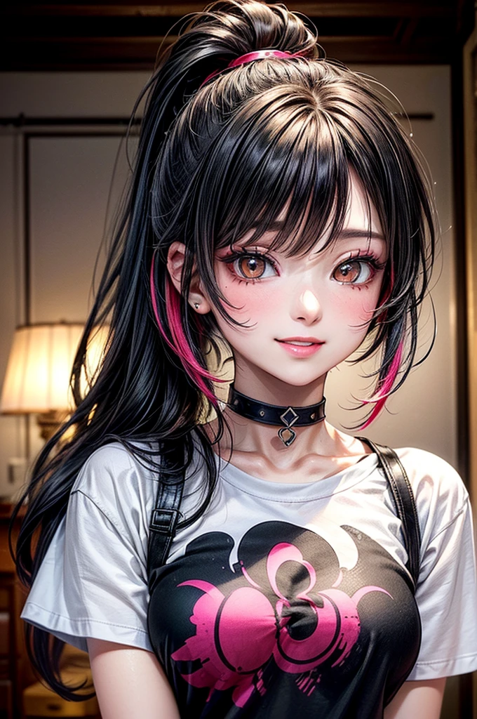 masterpiece, best quality, highly detailed, high resolution, expensive resolution, high resolution, 4K, 8k, Unity 8k wallpaper, highly detailed CG, masterpiece, 2D, 3D, beautiful details, depth, fine texture, best quality: 1.3, perfect focus, crispy skin, him, very cute, one 20-something girl, before a date with him, enjoying fashion, short twin tails, mole under eye, looking at the viewer, expensive, blush, mole, parted lips, heart, pink eyes, choker