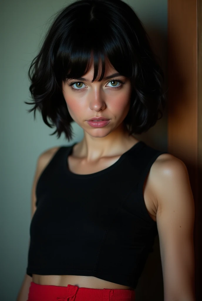 best quality, masterpiece, 8k, (photo realistic:1.4), detailed skin, intricate details, dim light, low key, (20 year old), (beautiful), 1girl, brunette, (green eyes:1.1), detailed background, (skin texture), (film grain:1.3), (warm hue, warm tone:1.2), best shadow, RAW, large ass, large breast, (hyper-realistic, depth of field, full of color, cinematic), __perspectives__, __cyberall__,