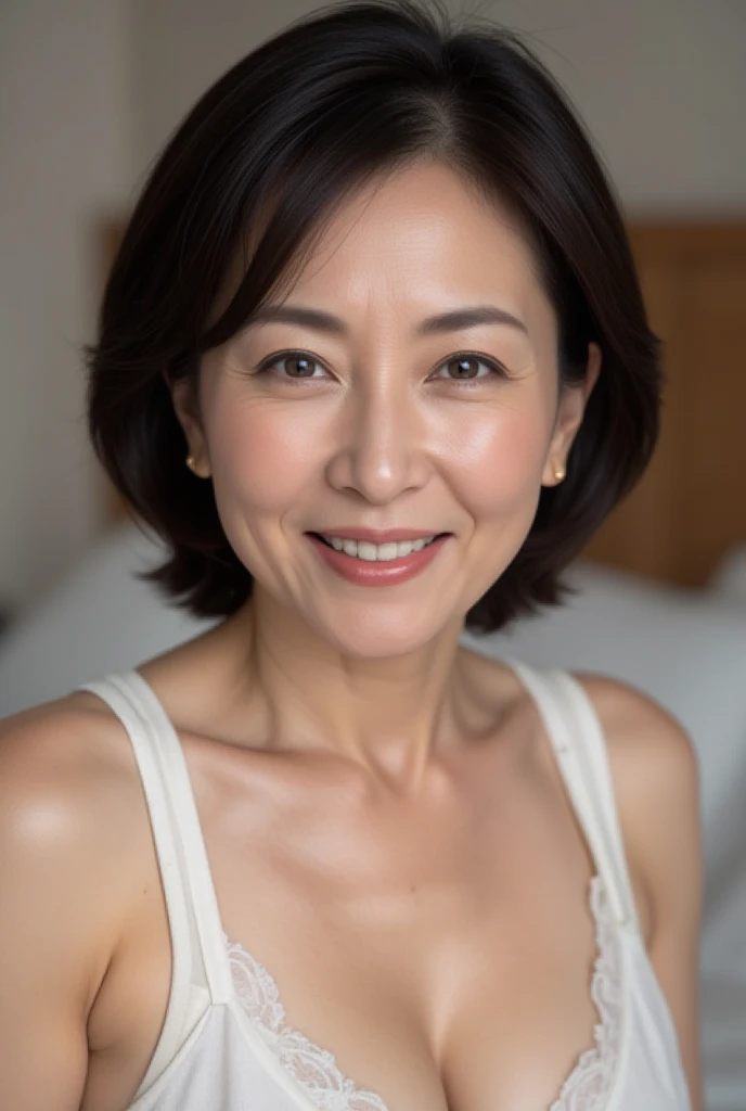 super high quality, Background Blur, In a hotel room, gravure, I'm sticking out my, 65 years old, ,Fat belly,Very plump, From the chest up, masterpiece, Highest quality, Very detailed, Realistic, Ultra-dense skin, Perfect Anatomy, Plump Mature Woman, Wrinkles around the eyes, , Big Breasts, In underwear, A shy toothy smile, Chubby, Glamour, sexy, Pure white skin, Looking at the audience,