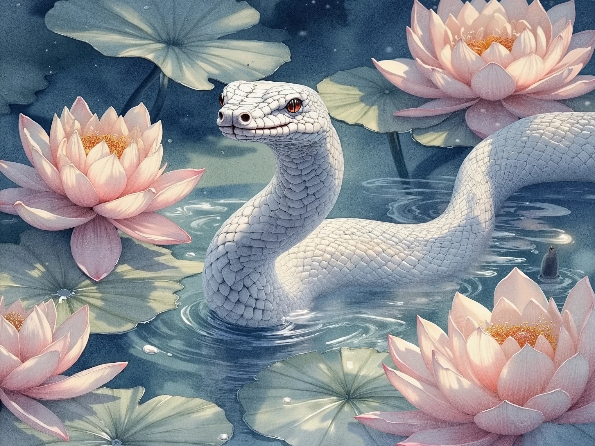 a watercolor painting of a beautiful white snake surrounded by water and lotus, bright color, rain drops on water surface, paint spilling, thick stroke brush lin85