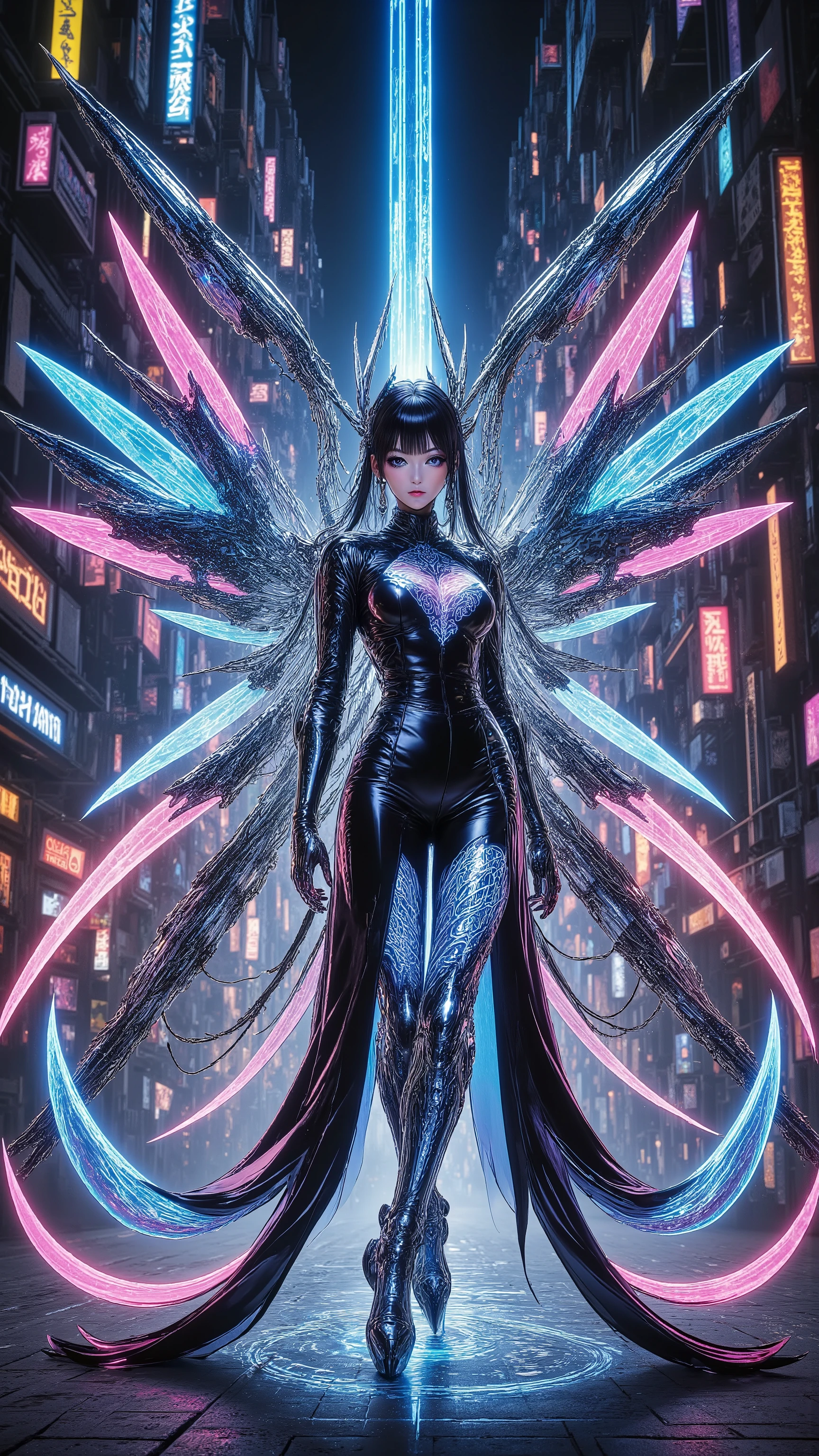 (best quality,4k,highres),(realistic,photorealistic:1.37),(Yoshitaka Amano style:1.1) A woman and her guardian familiar, mystical creature,otherworldly creature, bat-like, enchanting companions,wearing stylish futuristic clothes,inspired by Phantasy Star Online, lustful poses, (The woman, with her eyes brightly colored and her facial features elegantly detailed, adding to her allure. Dressed in elegant casual clothes with a stylish futuristic jacket.), (She is accompanied by a guardian, a bat-like kaiju with exquisite anatomical features. The creature's presence adds a sense of wonder and magic to the scene.), (The woman and her companion stand in a vibrant and bustling city, a modern metropolis with bustling streets, and vibrant signs. The colors are vibrant, with a mixture of blues, olive, and pale reds creating a dreamlike atmosphere.), (The lighting is soft but illuminating, casting a gentle glow on both the woman and the creature.), (The overall composition has a realistic and photorealistic quality, capturing the essence of the scene in intricate detail.), (The art style is inspired by Yoshitaka Amano, known for his ethereal and otherworldly illustrations. The combination of realistic elements with the artist's unique style creates a captivating and visually stunning image.)