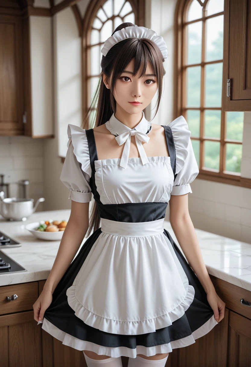 (hyperrealistic), (high resolution), (8K), (extremely detailed), (beautiful detailed eyes), (best quality), (super detailed), (masterpiece), (wallpaper), (detailed face), solo, (dynamic pose), 1 girl, white wavy hair in the kitchen, korean, maid girl, black and white maid dress, realistic,full body, long legs, turned back