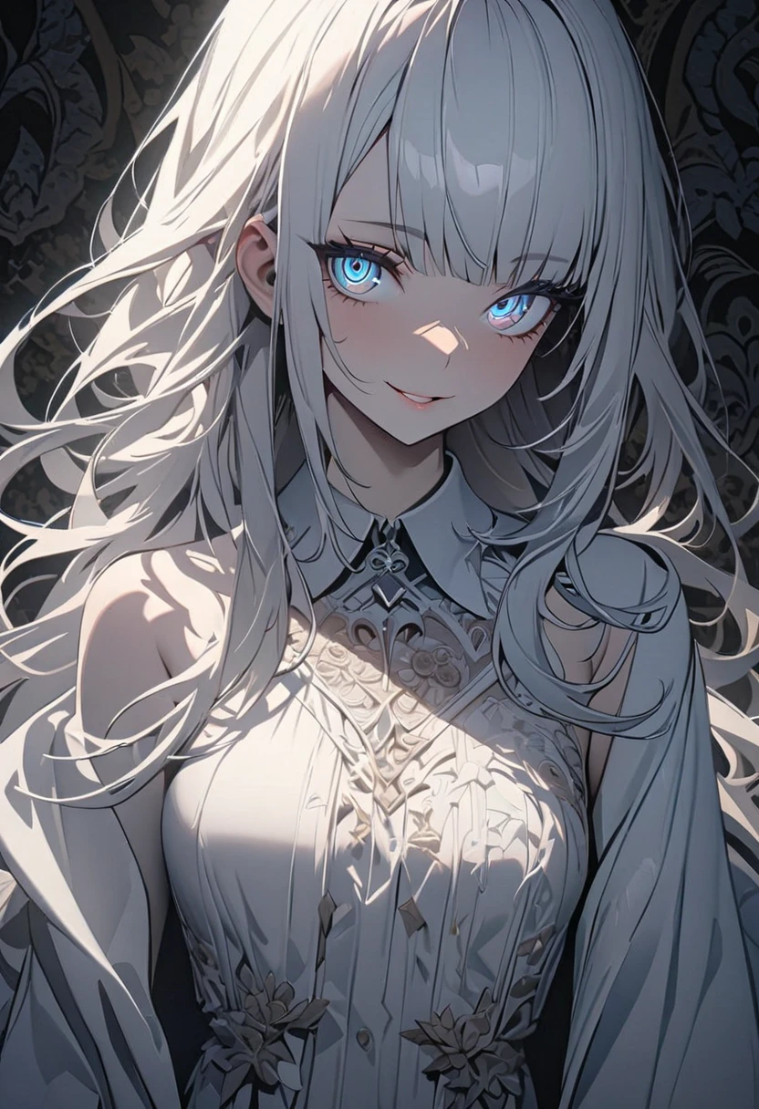 Dragon blood, moonlight, silk white camisole bra,, , blue gauntlets, grave mare, flowing hair, melancholy eyes, warm smile, yellow eyes, silk white dress, black horn-like hairpin, blue bolero,