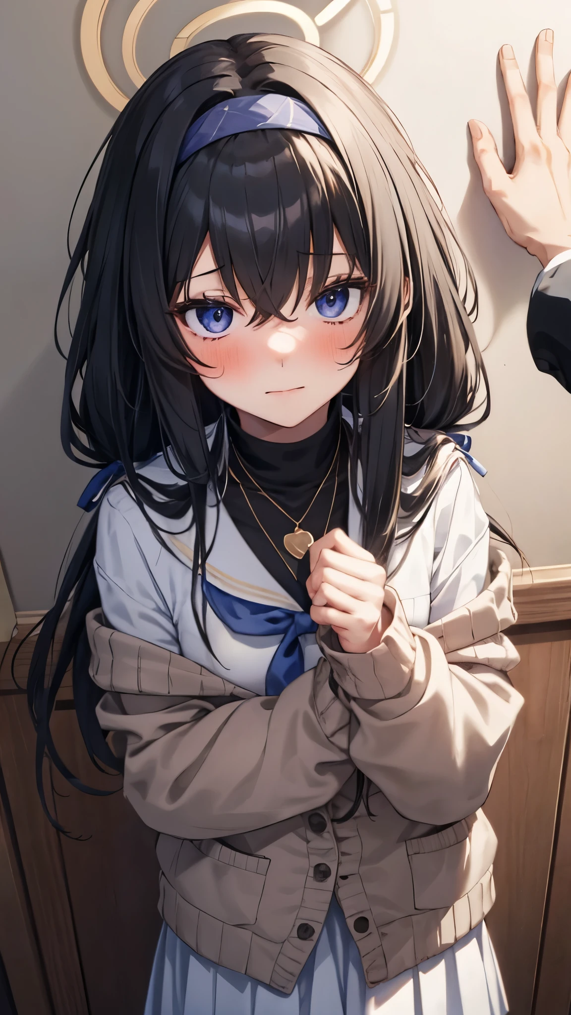 Upper body,1girl,solo,uidef,jitome,sanpaku,blush,sailor shirt,neckerchief,cardigan partially removed,hairband,necklace,long skirt,black hair,long hair,halo,(There is wall behind),BREAK ,1girl and 1boy, kabedon pov,masterpiece,Noise Reduction,perfect anatomy, ultra-detailed, ultra-detailed face,game cg,dutch angle ,beautiful detailed eyes,five fingers, perfect hands, perfect lighting,