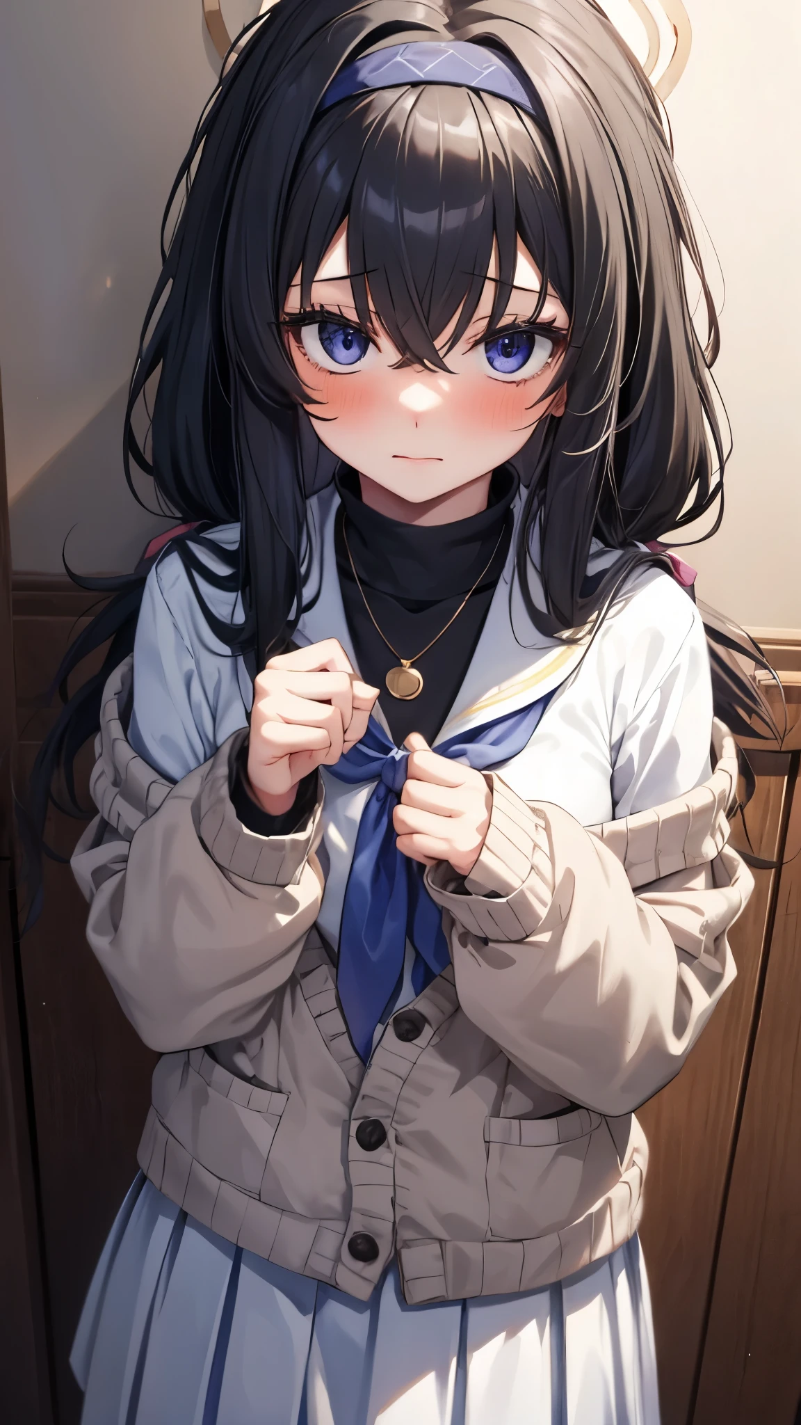 Upper body,1girl,solo,uidef,jitome,sanpaku,blush,sailor shirt,neckerchief,cardigan partially removed,hairband,necklace,long skirt,black hair,long hair,halo,(There is wall behind),BREAK ,1girl and 1boy, kabedon pov,masterpiece,Noise Reduction,perfect anatomy, ultra-detailed, ultra-detailed face,game cg,dutch angle ,beautiful detailed eyes,five fingers, perfect hands, perfect lighting,