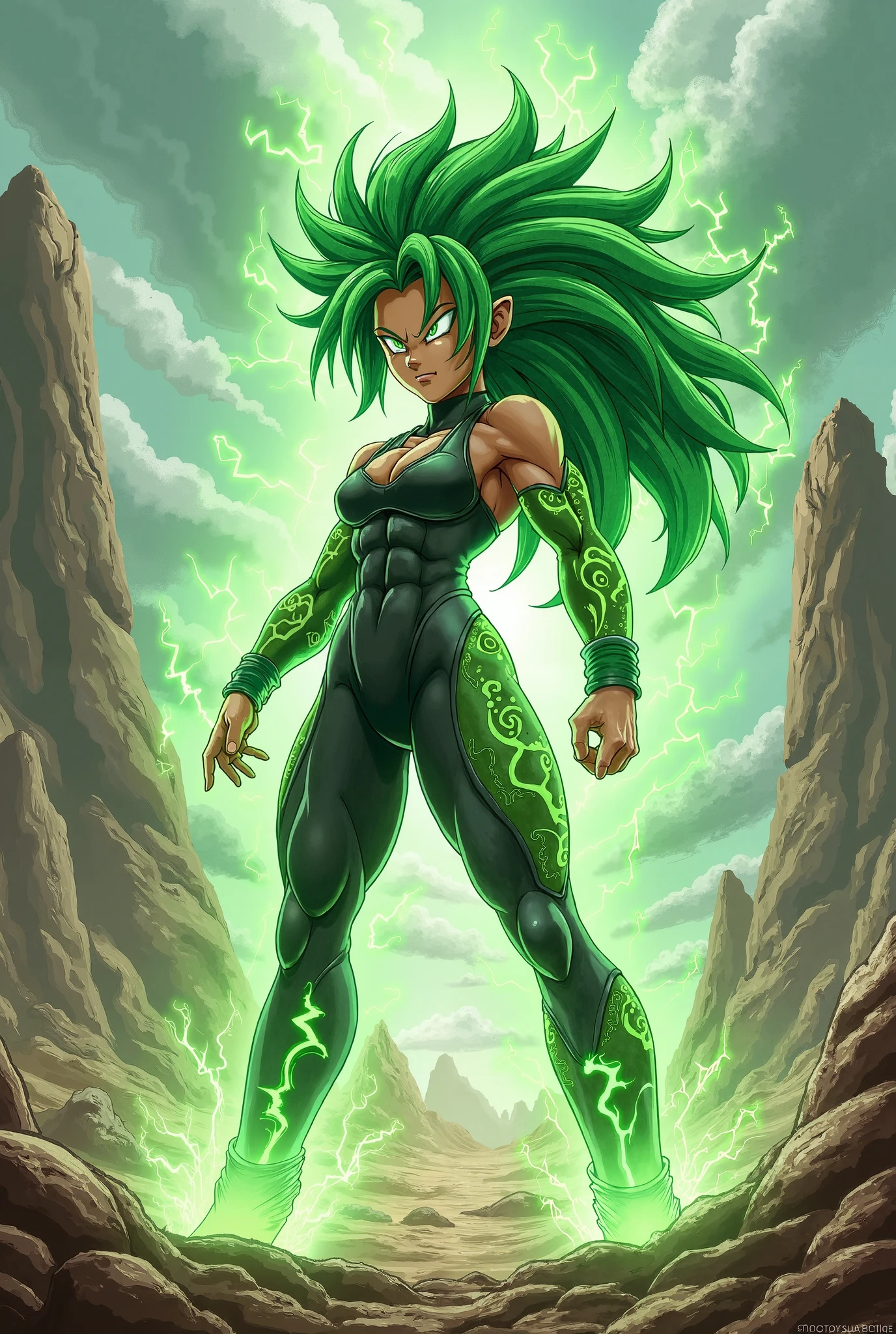 (best quality, masterpiece), green hair, green earrings, (blue leotard) toned, smug, smirk, kefla, thin waist, backlight, ((thick thighs)) (muscle)