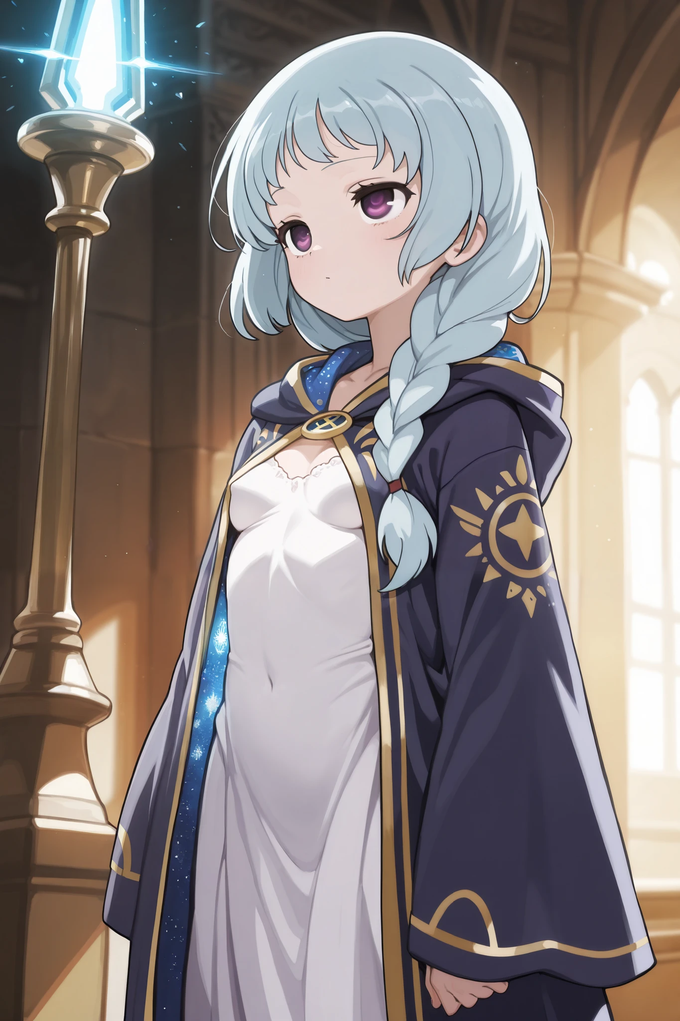 (best quality), (very aesthetic), (ultra-detailed), (best illustration), Alchemist, Saki, one woman, braid hair, light blue hair, upturned eyes, Purple eyes, (((small breasts))), (((Archmage robe))), radiating holy light, standing guard at a sacred temple, tome, dress