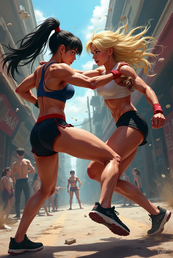 NSFW , In the Jungle , Jungle defense fight , Small woman and Great big woman , Fullbody shot , Wear Panther pattern Monokini swimsuit with pantyhose , Female boxing Face to face, So huge breasts.