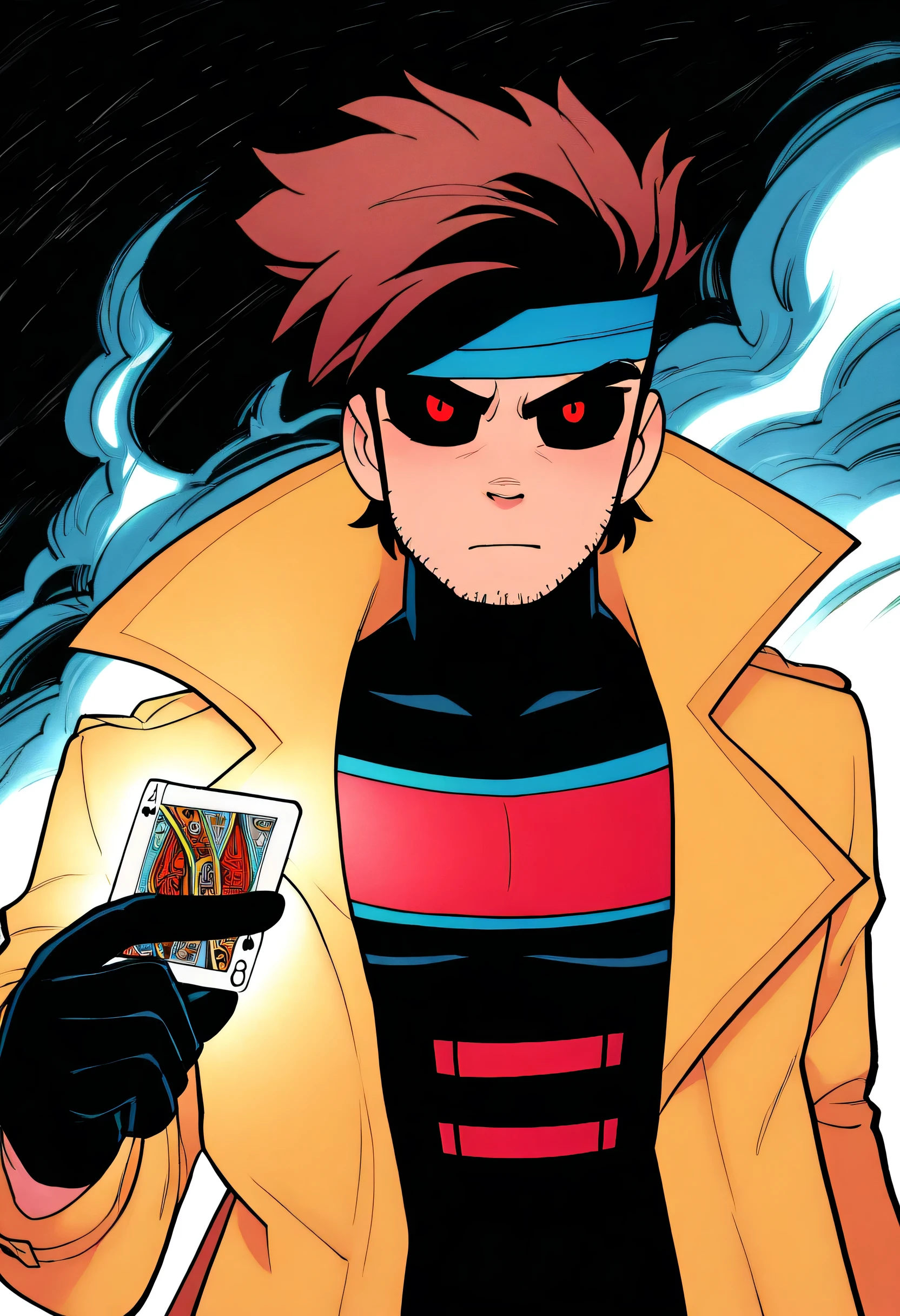 best quality, amazing quality, very aesthetic, absurdres,
BREAK
1boy, BREAK remy lebeau, Remy_Lebeau, 1boy, male focus, solo focus, auburn hair, black sclera, bodysuit, closed mouth, coat, colored sclera, facial hair, stubble, headband, muscular, open clothes, open coat, red eyes, thick eyebrows, trench coat, card, kinetic card
looking at viewer,
simple background, white background, dynamic pose