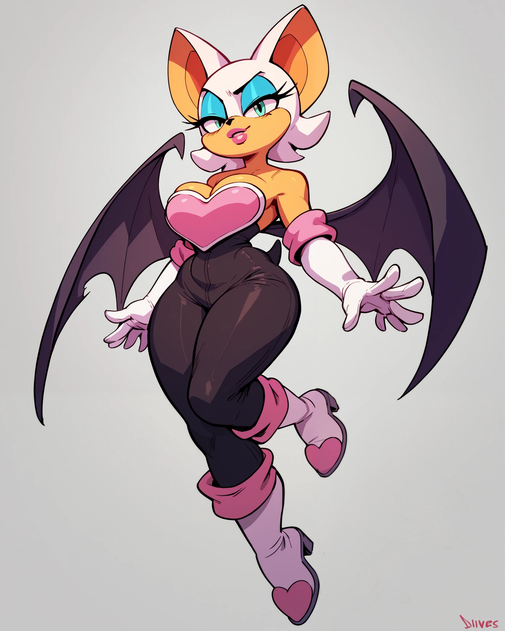 Rouge the bat, dressed as The Wasp, large breasts, pink lipstick, flying, full body view, by diives,