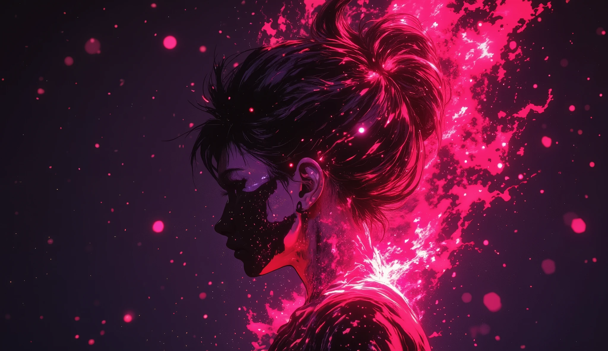 high quality, 8K ultra HD, Una hermosa double exposure que combina una silueta de mujer con un fuego purpura  enorme que le quema el pelo, el fuego purpura should serve as a backdrop,  with its details incorporated into the woman , sharp lines, The background is monochrome,  sharp focus, double exposure, By Yukisakura, stunning full color, anime
