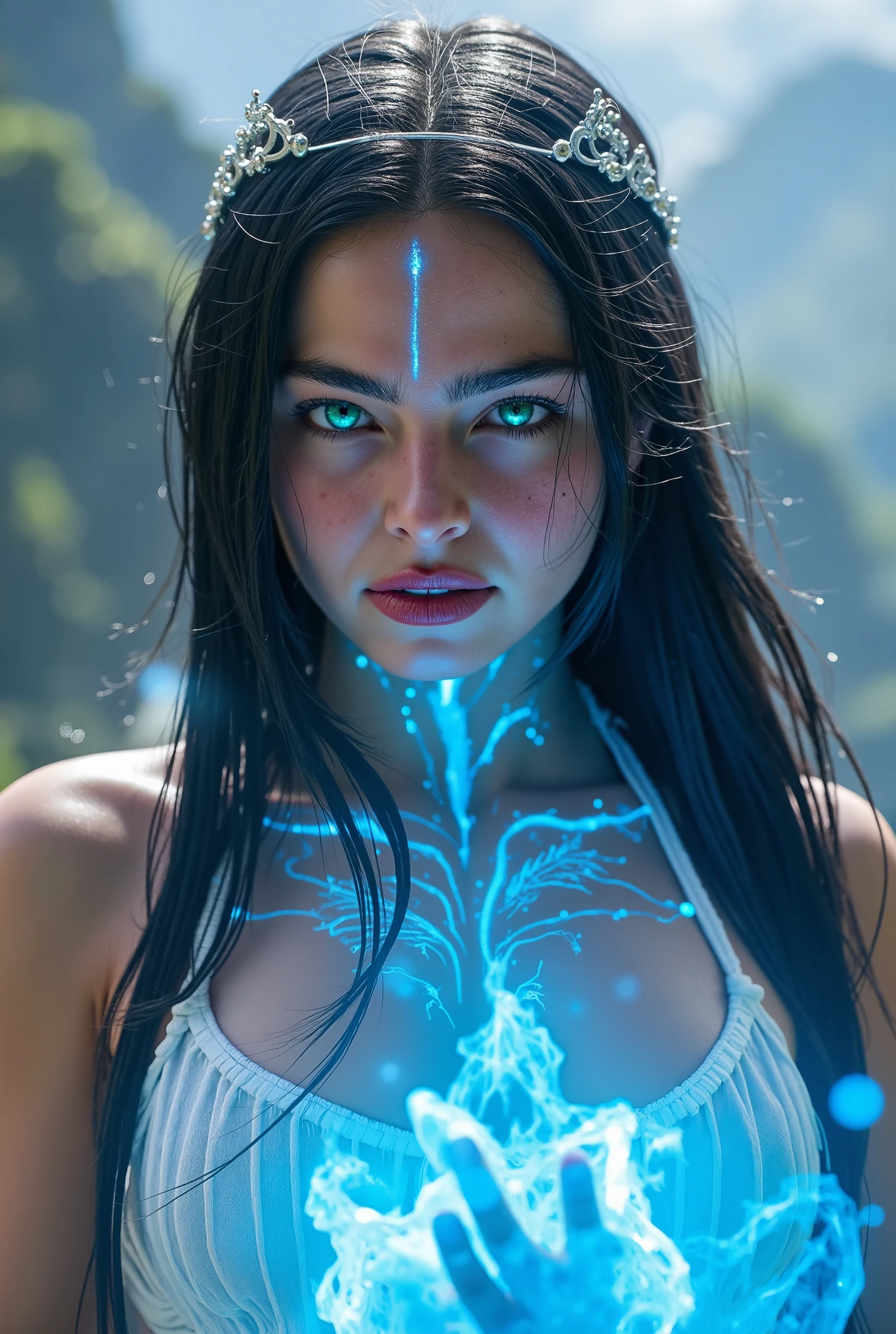 shining acqua blue eyes, electric eyes, beautiful angelic girl with ethereal magic white wings, glowing blue veins, blue glowing veins, glowing veins, bright glowing veins, long flowing dark black hair, white pale skin with blue tattoos and markings, low white dress, gracious face, detailed fantasy portrait, exquisite mystical valkyrie, mountain temple background, silver tiara, hyperrealistic, octane render, piercing eyes, delicate features, dramatic lighting, vibrant colors, highly detailed, cinematic composition, masterpiece, 8k, front view, upper body