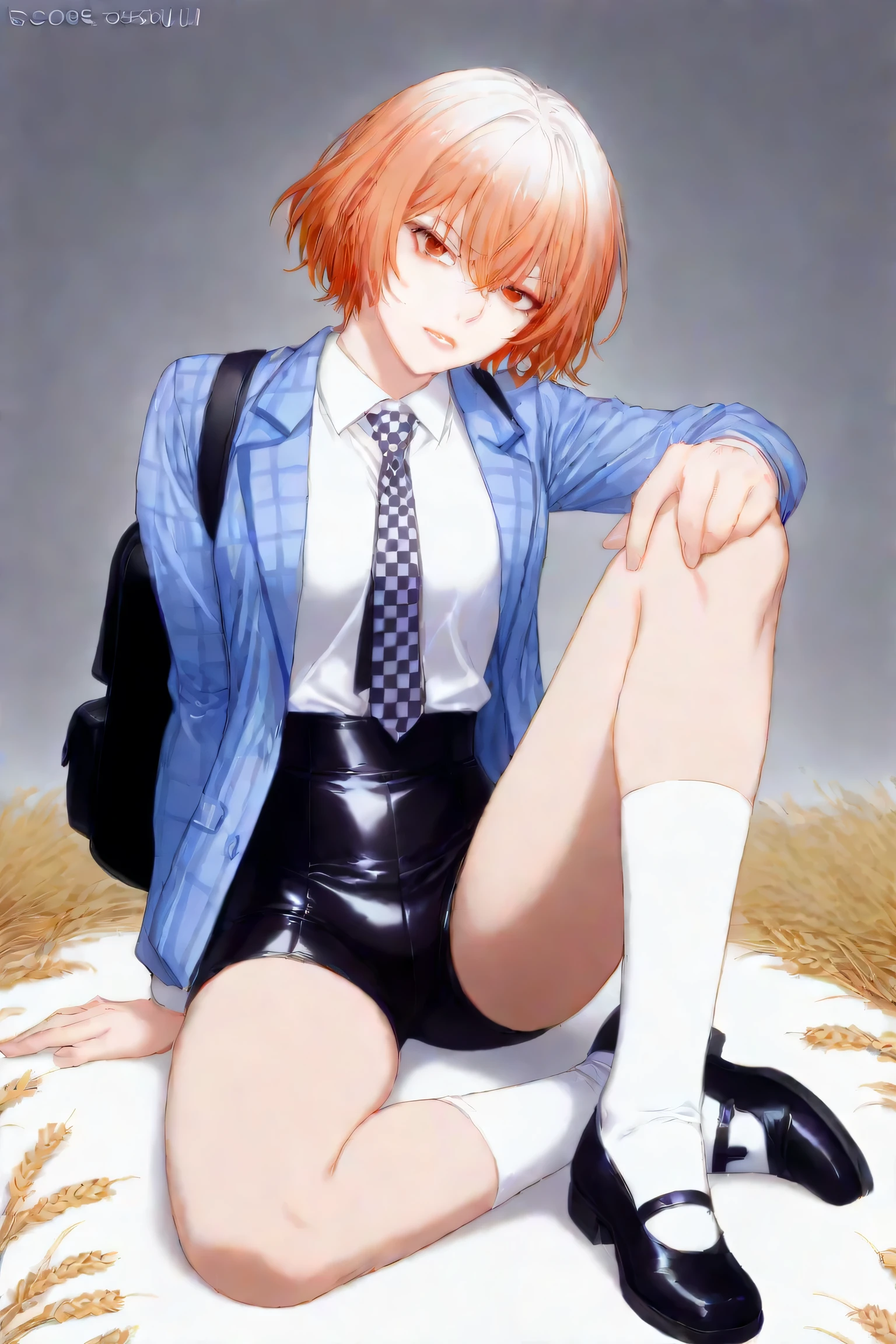 Beautiful boy around . A little shadowy and lurking violence. He is beautiful but exudes a sense of inadequacy. He has a ruthless look. Short, wheat-colored hair. Blazer uniform. He wears a tie. Short pants with checkered pattern. White socks and leather shoes. He wears a black leather backpack on his shoulder.