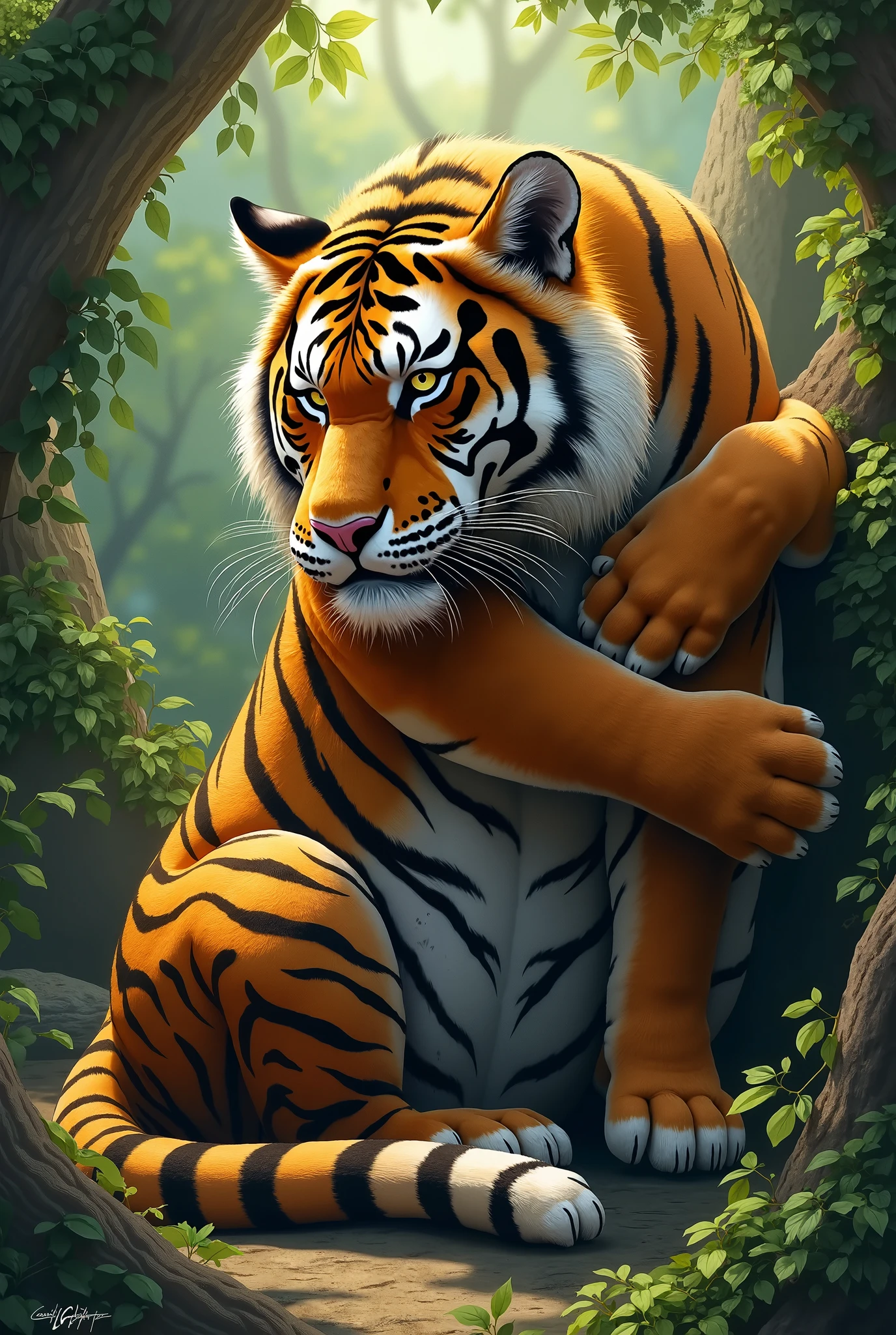 (by ozoneserpent:1.3, by Kenket:1.4, by the-minuscule-task:1.2, by zummeng:1.1):1.3, (anthro tigress, female, featureless breasts, antrum, extremely detailed, extremely detailed legs, extremely detailed arms, extremely detailed face, perfectly detailed eyes, perfectly detailed anatomy):1.2, solo, perspective, adult, mature body, large body, curved thighs, gorgeous hips, curvature, (cute tail), (tigress ears, tigress fur, tigress face, tigress nose), smiling, thick fur, multicolored fur, au natural, half-closed eyes, sly expression, looking slyly at you, looking back towards you, ass focus, rear view, gyatt, below perspective, back shot, bent over, showing off to you, on knees, full body shot, sitting, tongue out, deep in the jungle, being sly, beautiful blue eyes, outdoor setting, twilight, sunset, mist, sun rays filtered through trees, beautiful colored sky, painterly, vibrant colors, traditional style, ambient lighting, depth of field, tiger claws, tiger paws, five fingers,
