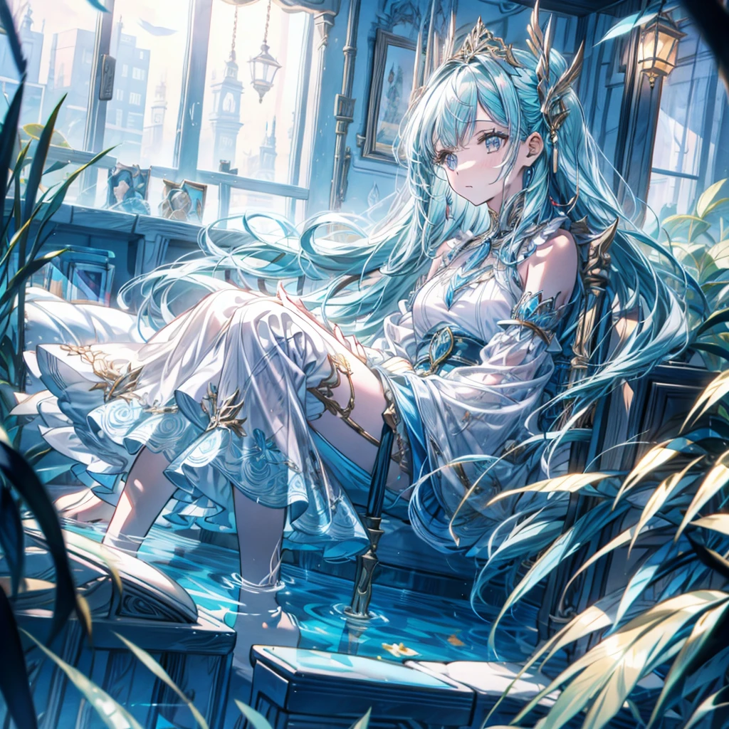 {1girll,独奏}(The body is petite),(Lori huge breasts cleavage)( Blue long hair),Long hair,(Single braid,Princess head),By bangs,Floating hair,(blue color eyes),glowing light eyes,(White fairy long dress),floating long dress,There are tassel hangings on clothes,She wears an emerald bracelet on her wrist,A jade pendant hangs around his neck,(Barefoot),Thigh straps,The girl had a copper bell tied to her ankle,White sandals,(Sitting),Babbling water,lotuses,Lotus leaves,(shyexpression),(sportrait:1.2),(Face focus:1.2),Cover style,moderately sized breasts,((Best quality at best)),((extremely detaile)),((Masterpiece)),((Ultra-high resolution)),((Very detailed 8k wallpapers)),(morningglow),light particules,volumettic light,((Fine beautiful face and eyes)),depth of fields,ssee-through,dynamic scene,(unreal-engine),Colored tones,Chinese national style,hair glowing,Glossy glossy skin,
