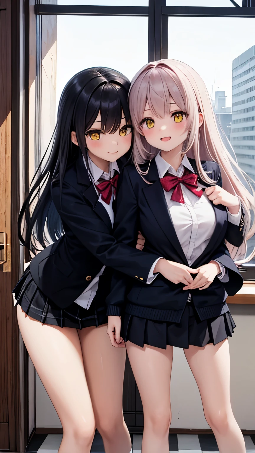 Best Quality,masutepiece，look down on, Upper body，Strands of hair,Farbe々Hair color,‎Classroom，tiny chest、red blush, Bow, Red bow, Long sleeves, Shirt, Collared shirt, Skirt, Pleated skirt, Black skirt, tiny chest、looking at the viewers, BREAK (masutepiece:1.2), Best Quality, High resolution, Unity 8k壁纸, (Illustration:0.8), (Beautiful detailed eyes:1.6), extra detailed face, Perfect Lighting, extremely details CG, (Perfect hands, Perfect Anatomy),A smile、(Skirt lift:1.3), (White panty:1.3)、(Skirt that rolls up:1.3)、(Fully exposed panties:1.5)，(Multiple girls)
