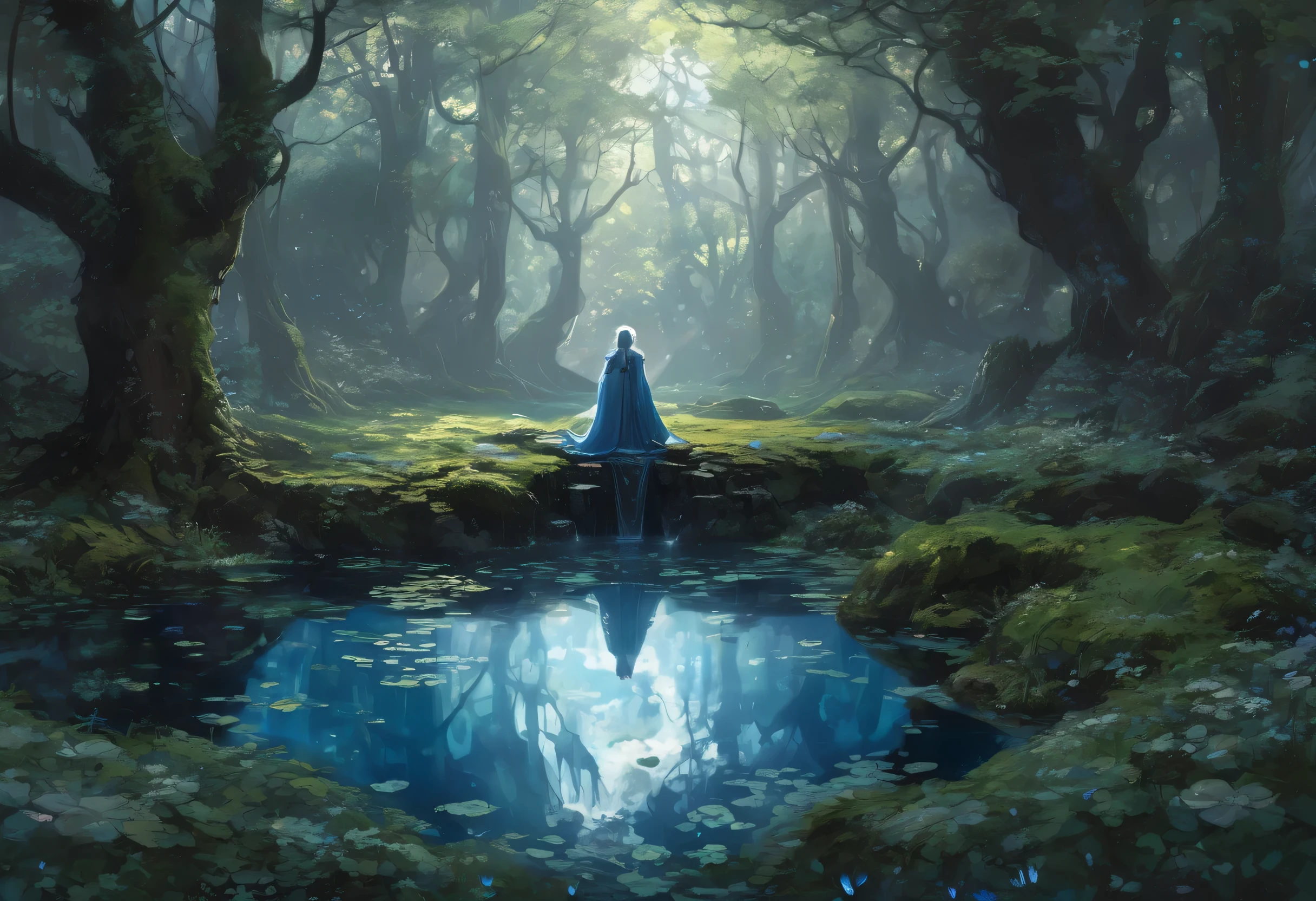 You find yourself in a clearing shrouded in thickness of the forest , where light filters in ethereal beams between the foliage . in the center, a crystal clear pond reflects the sky and the shadows of the trees, its surface barely disturbed by soft waves .
In the middle of the pond , rests on an ancient stone altar , a sword chained , its black and oppressive links contrasting with the serene aura of the place . Above the altar , floating in the air , a translucent hexagon shines with a faint glow . Inside it , a being of appearance observes you with curiosity . His hair and eyes , of an icy blue , radiate a cold and hypnotic glow , as if they were the very incarnation of winter stopped in time .