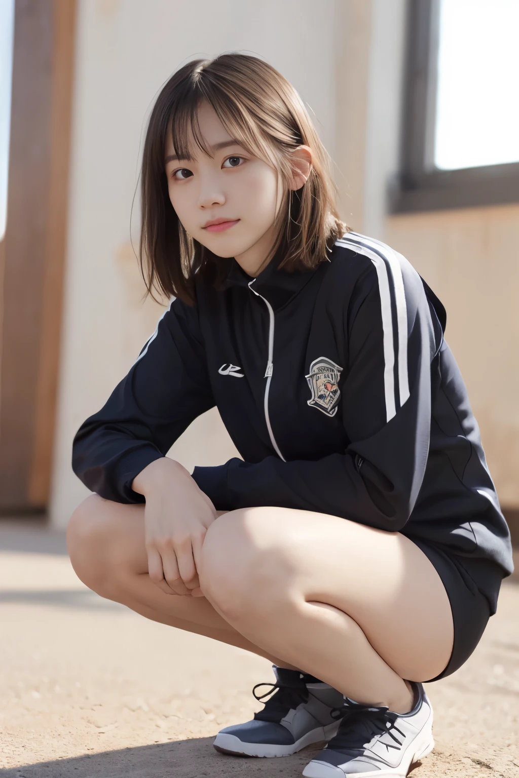 masterpiece, highest quality, 8K, (ars old:1.3) , RAW photo, disorganized, award-winning portraits, alone, noon, idol face, delicate face, Digital single-lens reflex camera, looking at the viewer, (shy face:1.3)、shame、(flushed cheeks:1.2)、thin arms, small breasts, nipples, small ass、thin waist、Frank, Sophisticated, like々New, thin arms, professional lighting, film grain, black eyes, chromatic aberration, (detailed eyes and face:1.0), (Bokeh:1.1),(hyper pretty face:1.3),(medium black hair,short bob:1.4),(school tracksuits:1.3),(white panties:1.3), squatting , angle from front, in the school gymnasium