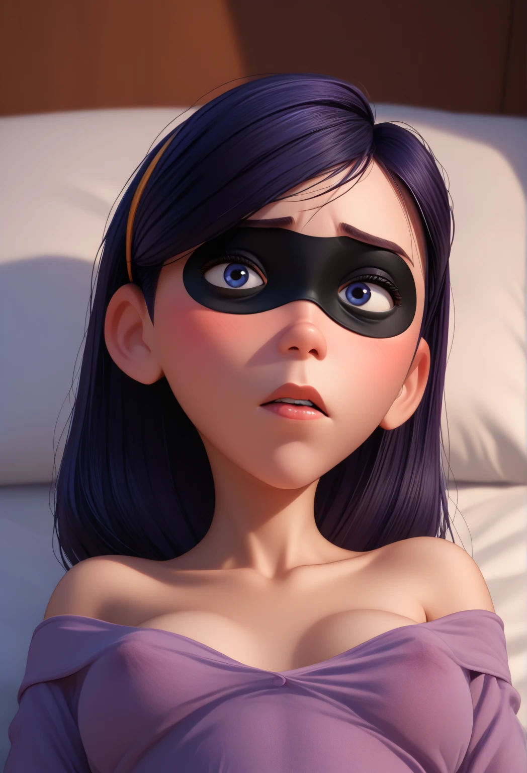  explicit content,  score_9,  score_8_arriba,  score_7_arriba,  score_6_arriba,  score_5_arriba,  score_4_arriba,  rating_ questionable, 1 girl, violet parr, mask,  sexy hips,  lying in bed, perfect mouth,  Anatomically Correct , Desde atrás,  blue eyes,penetrated
