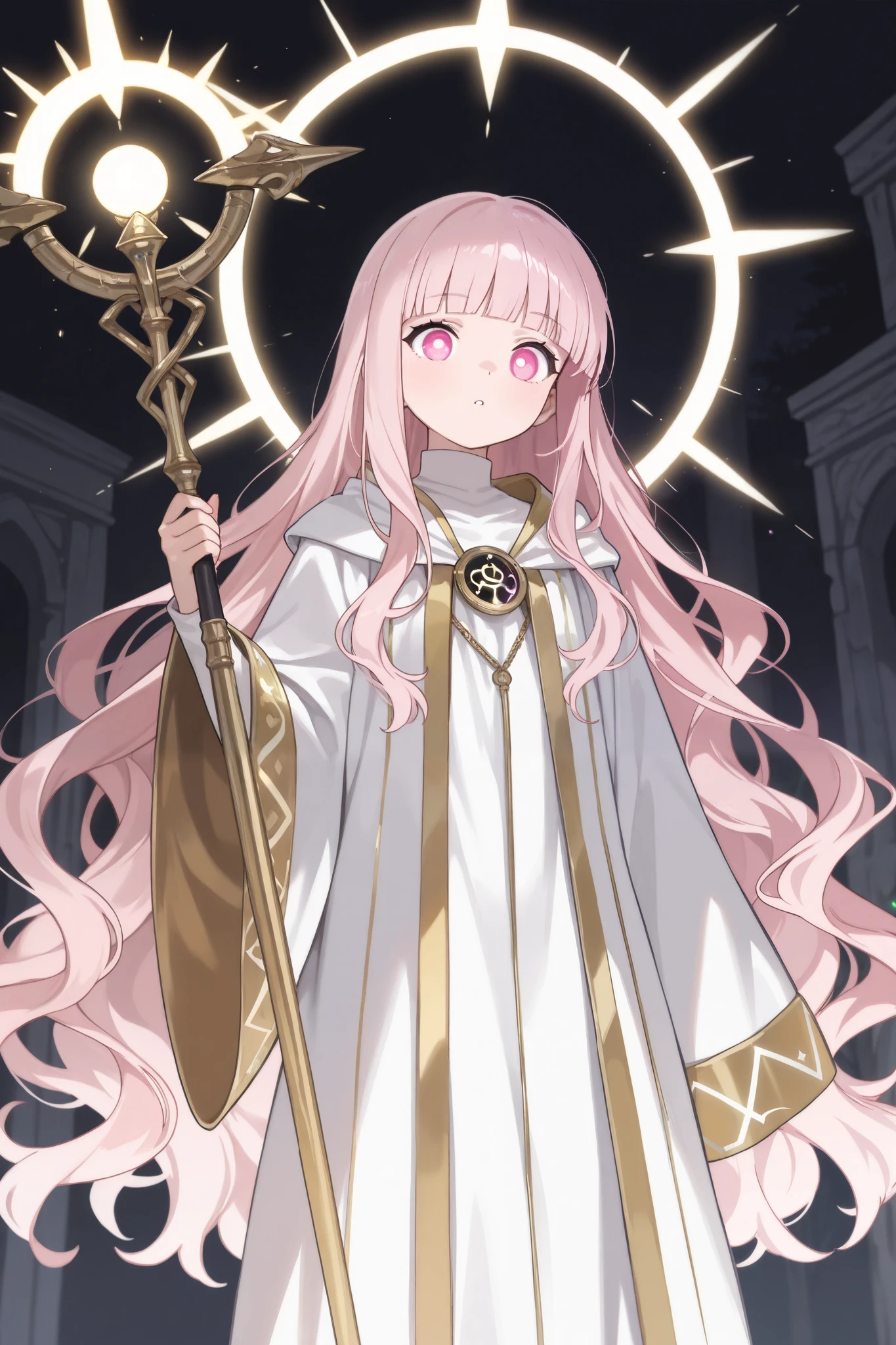 (best quality), (very aesthetic), (ultra-detailed), (best illustration), Healer, celestial robe, one woman, (((I am short))), blunt bangs, wavy hair, very long hair, Light pink hair, round eyes, pink eyes, radiating holy light, A powerful wizard casting a spell in a mystical forest, with a glowing staff, priestess robe