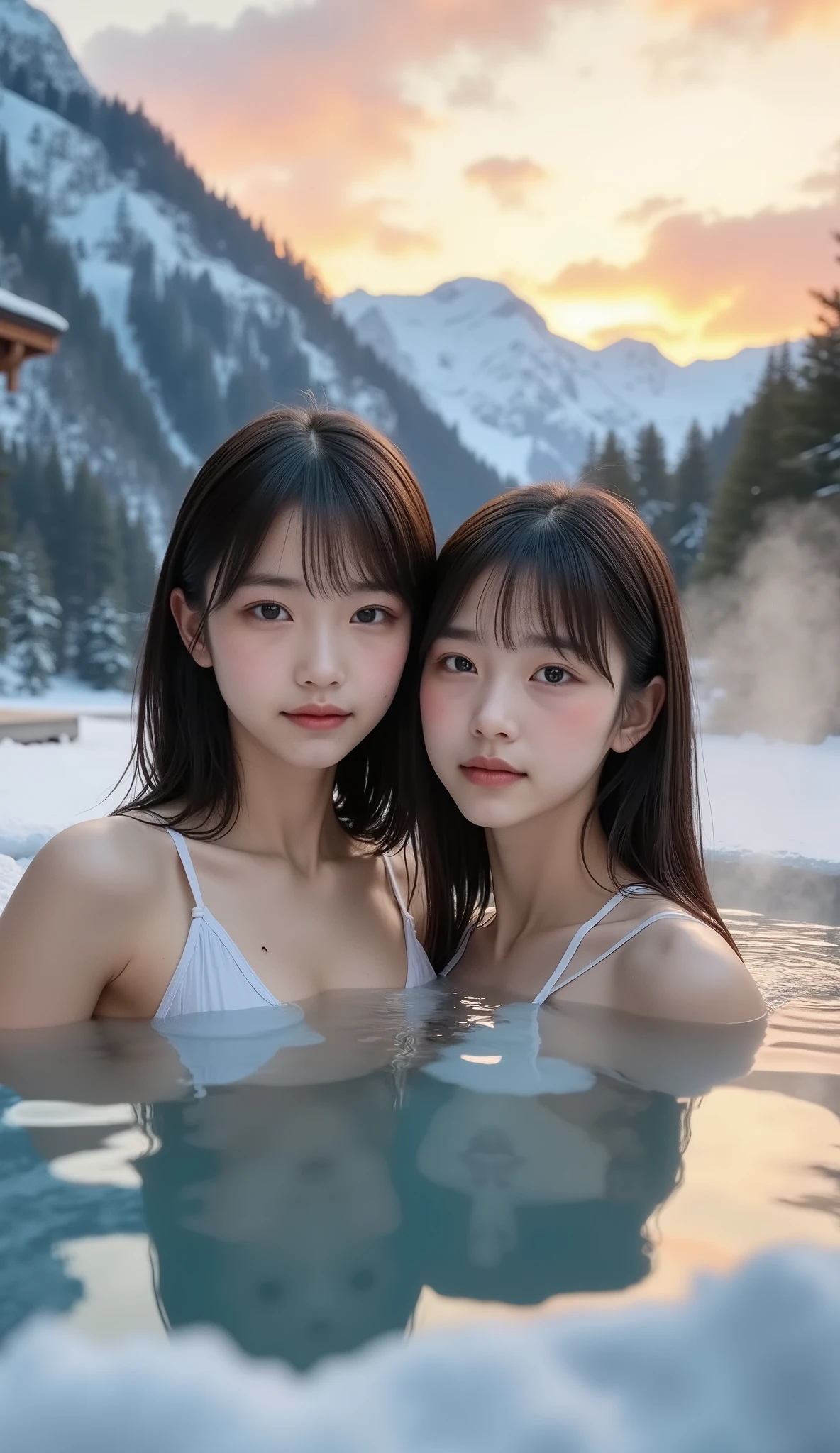 (It depicts two very young Korean girls in bikini swimsuits。),(((A beautiful scene of midwinter snow and sunset dyed bright red))),((Fantastic steam coming out of the hot springs )),(((Angle of view where the lake and cypress hot springs line up on the horizon ))),((Mount Fuji and the Lake)),((Soak in a hot spring and sit)),(( zoom out)),(The light shines on your faces ), ((smile)),((live-action)),(((Very young face))),((Beautifully centered chest)), shiny skin , staring at the camera, Show view , beautiful hair, (No-makeup beauty), Pure Eyes , (Young Korean hair ), black hair, (8k, top quality , masterpiece:1.2, very detailed on the trend),( is anatomically correct, Ultra Detailed Skin )),