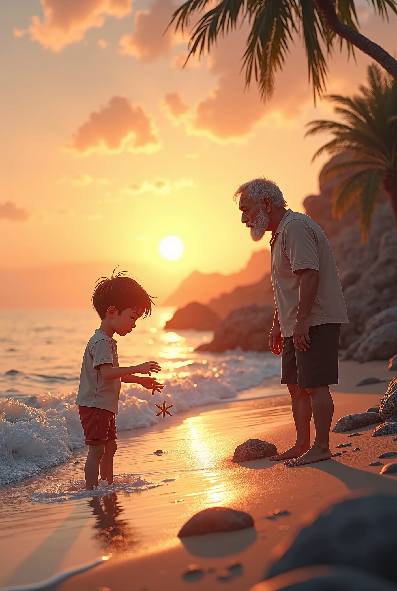 Elderly man and a child talking on a Caribbean beach