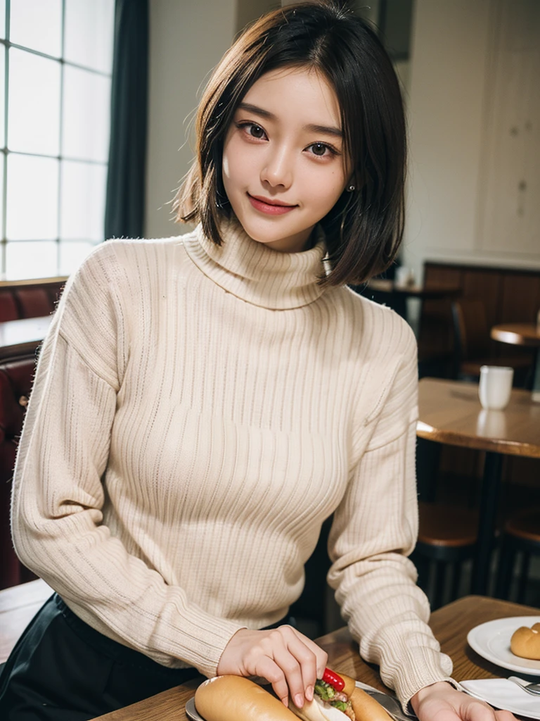 Masterpiece, high resolution photorealistic masterpiece, professional photography, attractive, full color, ultra-detailed vivid, colorful and perfect iconography, close-up of one woman, standing in the center of tea shop, dark room, dark night, backlit details from window, calm colors, 35mm masterpiece, smile, big breasts, simple navy blue turtleneck sweater, (( Watch Audience: 1.1)), (((White flared skirt)), Cowboy Shot, (Spread your legs), (((Lift yourself the skirt)), ((Show me your panties))), Lift Clothes, (Ruffled Panties), Panty Shot, White Panty