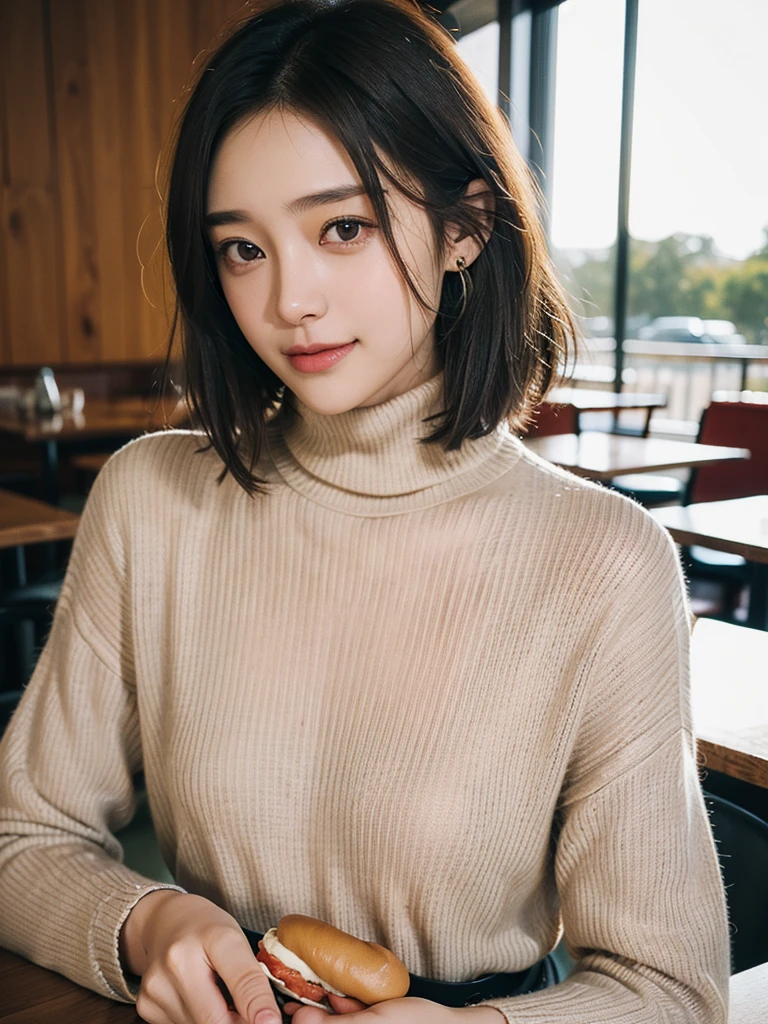 ((Top quality, 8K, masterpiece: 1.2)), beautiful, pure, Oval face, Kind and lovely, sweet smile, pure Desire, slim body, ((front)), (Looking at the camera), Wear a casual suit, Medium Length Hair, Long shoulders, Big, round, black eyes, A pair of big clear eyes, Hydrating red lips, Sweet, sit on the chair, Coffee shop background, ((Waist Shot)),