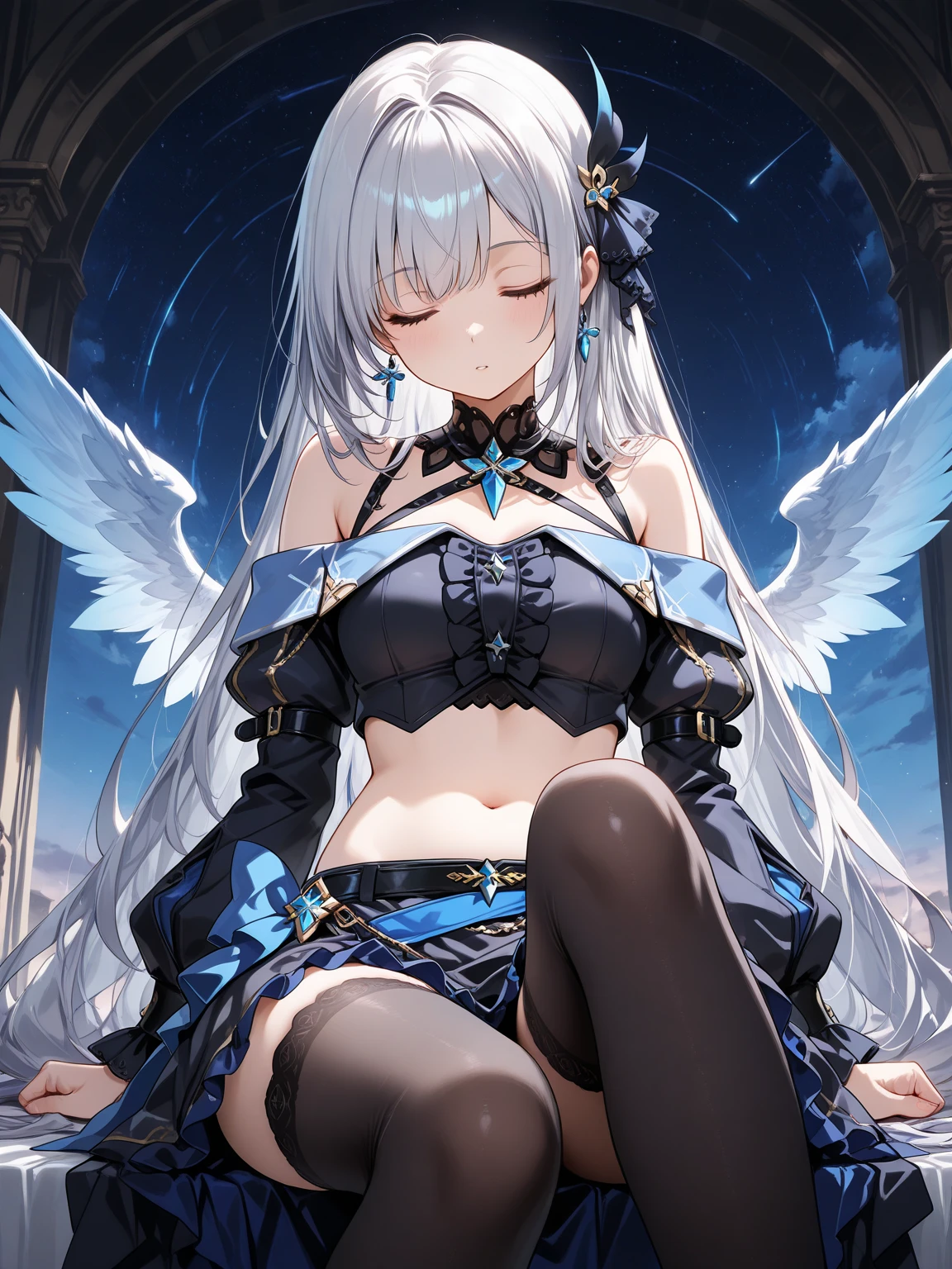 最high quality、best image quality、masterpiece、teenage girl((18-year-old、 By becoming、vest bust、medium bust,wide open breast tea、black eye, gray hair、long hair、thin,highest valley、Love of the Universe、Cosmic dress、sit、open your legs、Bad attitude、white pants、smile)),high quality、beautiful art、background((glowing chair,Lunar surface、Mysterious space、dancing white wings、glowing laser))debris flies、Depth of written boundary、movie、visual art、perfect art、8K,genuine