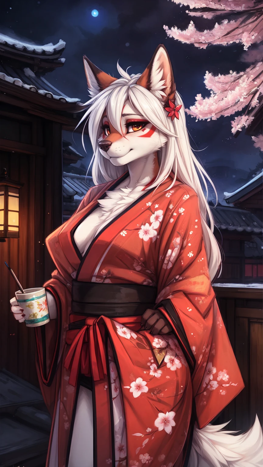 by kenket, Ross Tran, ruan jia, zaush, foxovh, by Zackary911, by hyattlen, by teranen, by fumiko, by Pixelsketcher, by fluff-kevlar, bye r-mk, by Dimwitdog, Furry, Anthro, (geisha), (luxurious kimono), female white fox with red markings, kemono, (huge breasts), long (elegant) white hair, hourglass body, alluring eyes, looking at viewer, red markings on face, white fur, traditional japanese, magic fantasy, (mature), milf, tall, curvy, outdoors, cherry blossoms, nighttime, (red eyeshadow), red eyeliner, very expensive kimono with detailed cherry blossoms on it, properly worn kimono, seductive,