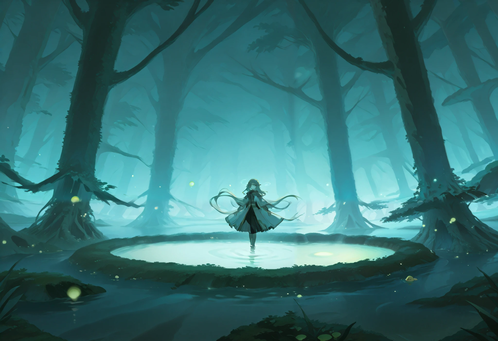  I find myself in the clearing of an ancient forest ,  where The light of dusk filters through the branches and caresses a pool of crystal clear water ,  as immovable and perfect as a forgotten mirror .  In the center of the pond stands an ancient stone altar ,  polished over the centuries and marked by the inexorable passage of time .  On him rests a sword chained : Your blade , forged in ice ,  shines with an icy glow that seems to challenge the warmth of the environment ,  while his handle ,  made of violet glass ,  emanates mystical flashes that hypnotize the view .

 floating above the altar ,  suspended in an ethereal dream ,  stands a translucent hexagonal prison .  Inside this almost dreamlike structure ,  lies a being in a reclining position .  With his body delicately lying down ,  his eyes and hair ,  of a penetrating ice blue ,  radiate an enigmatic calm .  The creature seems immersed in a state of contemplation ,  as if it were keeping immemorial secrets or waiting for the moment of an awakening .

 The environment is charged with a deep silence ,  only interrupted by the soft murmur of the water and the flickering of fireflies dancing in the dark ,  projecting subtle flashes on the scene .  Each element —the icy sword ,  the violet handle ,  the solitary altar and the hexagonal prison that guards the being- is intertwined in a visual story of mystery and magic,  suspended in time ,  inviting you to discover a story of forgotten legends and unexplored destinations .