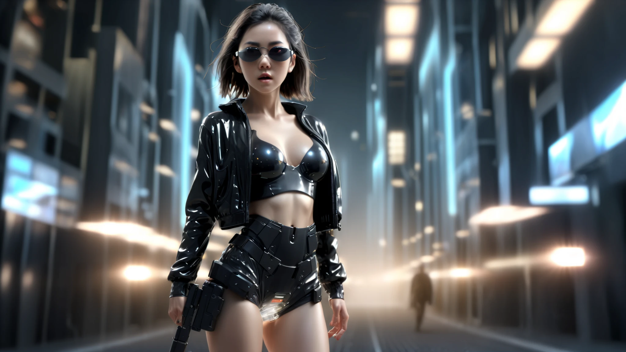 (((Masterpiece))), best quality, ultra-detailed CG unity 8k wallpaper, cyber city, tokyo, big future city at night. (1girl, solo, alone), large-breast:1.3 slim:0.7 body, long:0.4 hair, cleavage:1.1, sexy micro:0.3 laced lingerie with short:0.6 jacket, (pubic hair), (black sunglasses), ((she raised a pistol:1.8 and shot the viewer)), running pose, ((half-body thigh:0.95 level medium shot)), cinematic lighting, lens flare, ray tracing, blurred:0.1 background.