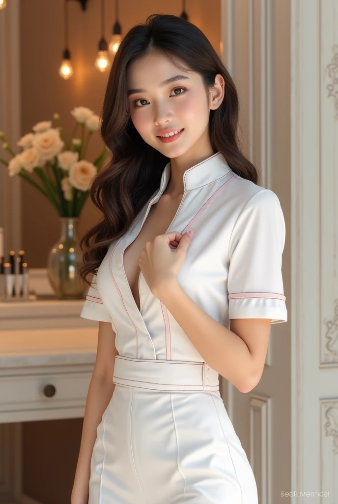 1girl, (best quality, masterpiece, super high resolution), (realistic:1.4), (realistic:1.4), (long legs: 1.3), (shut up), (light smile: 1.2), (expressive hair: 1.2), (long suit: 1.2), (collared shirt: 1.2), (trousers: 1.2), (embroidery: 1.2), (daytime: 1.3), (bright lights: 1.3), indoors, dynamic pose, lively and seductive, full boobs, buttocks, (hands on hips), (standing), (slender), (slender legs), (perfect body: 1.2), (side facing), shiny skin, blushing nose