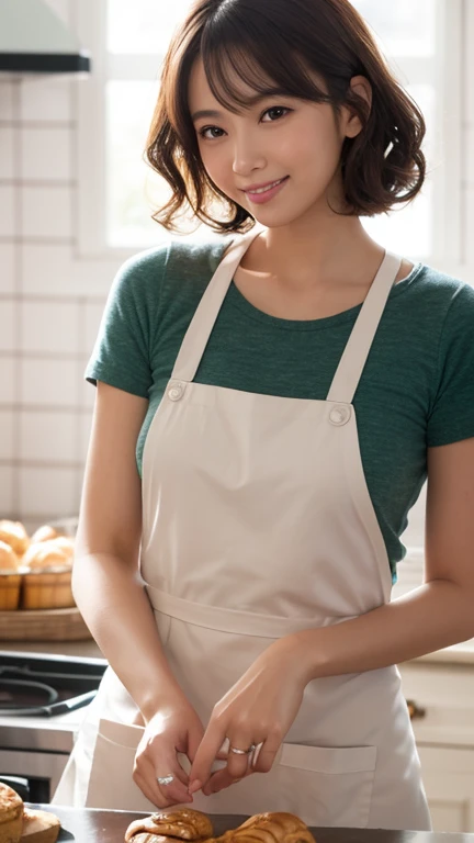 Best quality,Highly detailed,Masterpiece,Ultra-detailed,illustration,超高分辨率, (Photorealistic:1.4,8K),Kitchen,1girll,Showing cute breasts without underwear,(aprons, ),day,grin, face,Black hair,Clear face,Little white socks,