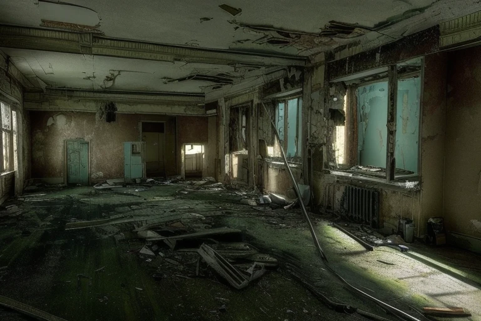 there is a room with a broken window and a broken pipe, in an abandoned office building, in a derelict house, in a desolate abandoned house, inside an old apartment, abandoned house interior, interior abandoned hospital, old apartment, lost place photo, dirty apartment, post apocalyptic room interior, inside a decayed hospital room, in a old house. hyper realistic