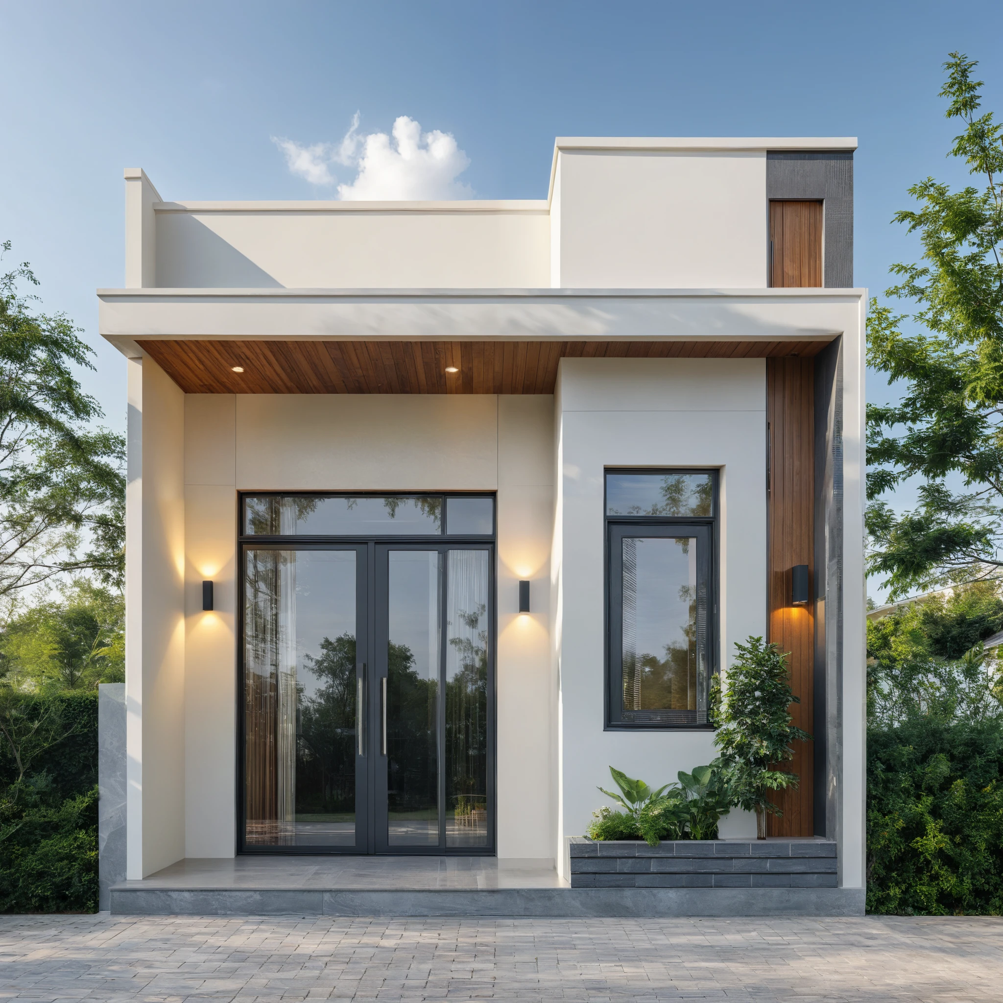 1 morden WHITE house,1large yard, 1 road runs in front of the house, (RAW photo, real, best quality, masterpiece:1.2), look morden minimalist, 1 road in front of the house, the exterior of an elegant single family home features large windows, ((a dark gray door frame)), dynamic lighting:1.3, (hyper realistic, photo-realistic:1.2), high quality, (dark lighting:1.2), perfect lighting, archdaily, no human, light at 12 noon, warm light in door:1.4, blue sky:1.3, shimering lighting:1.2,